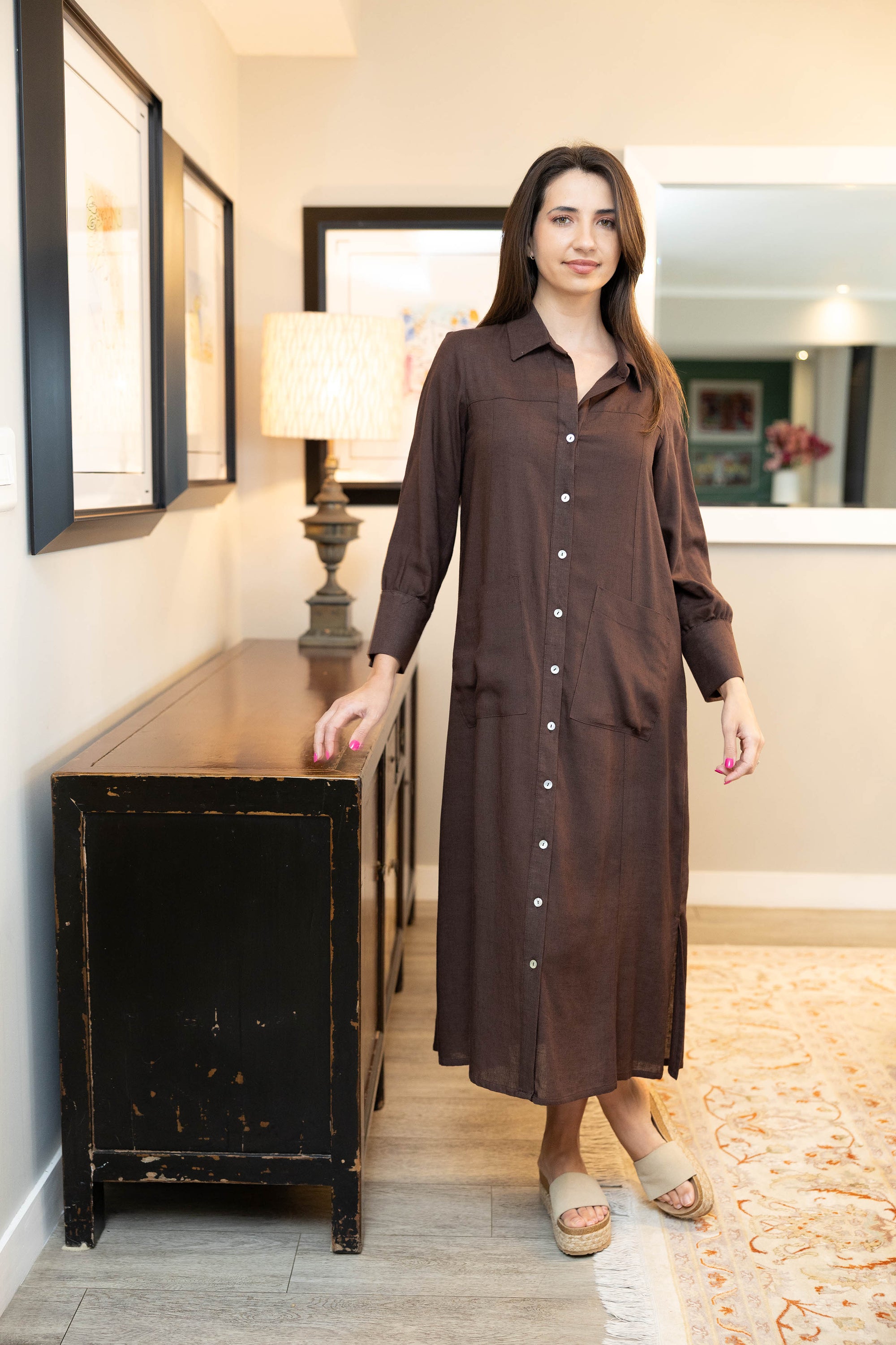 Carmela- Styled Dress With Cuff Detail, Chocolate