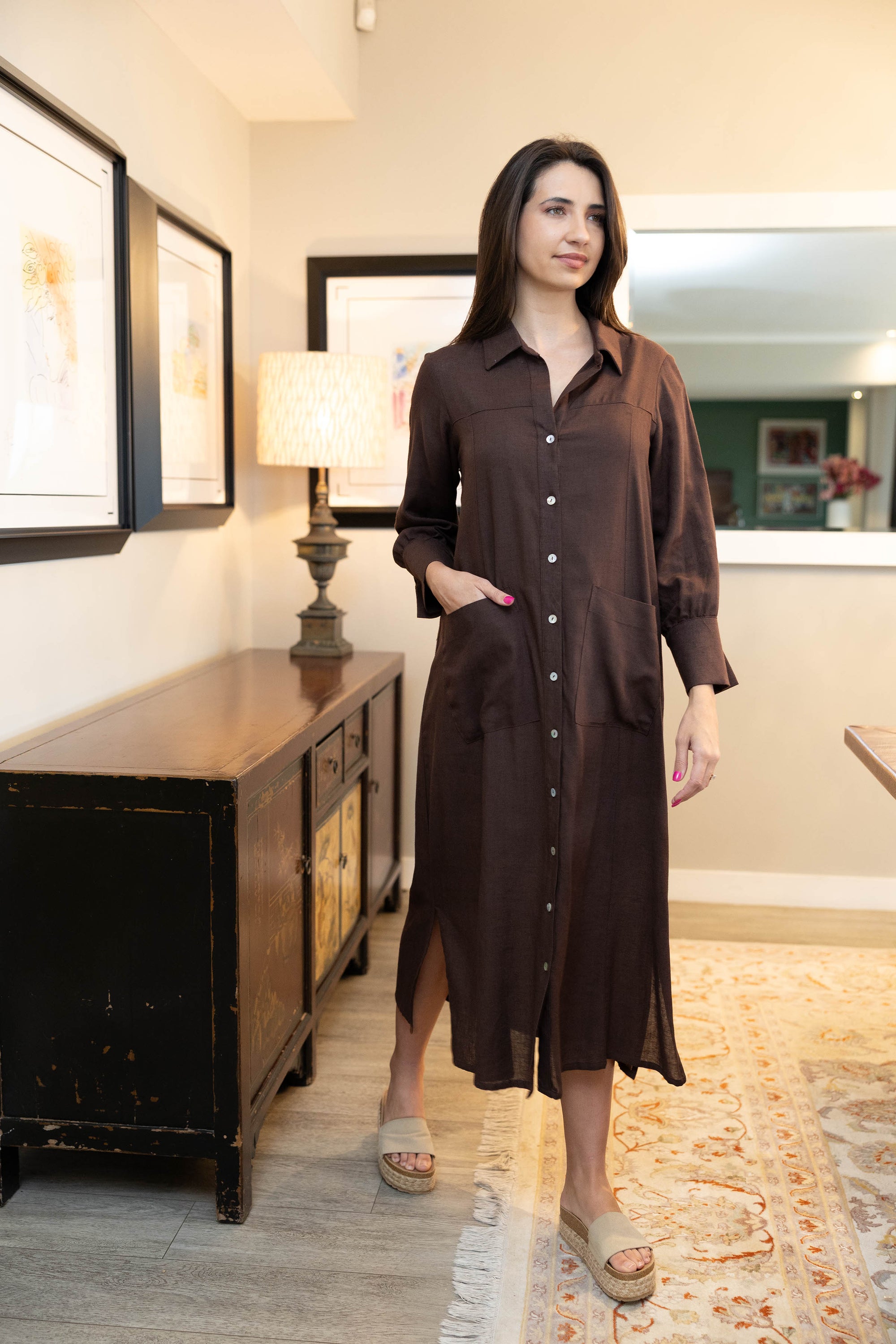 Carmela- Styled Dress With Cuff Detail, Chocolate