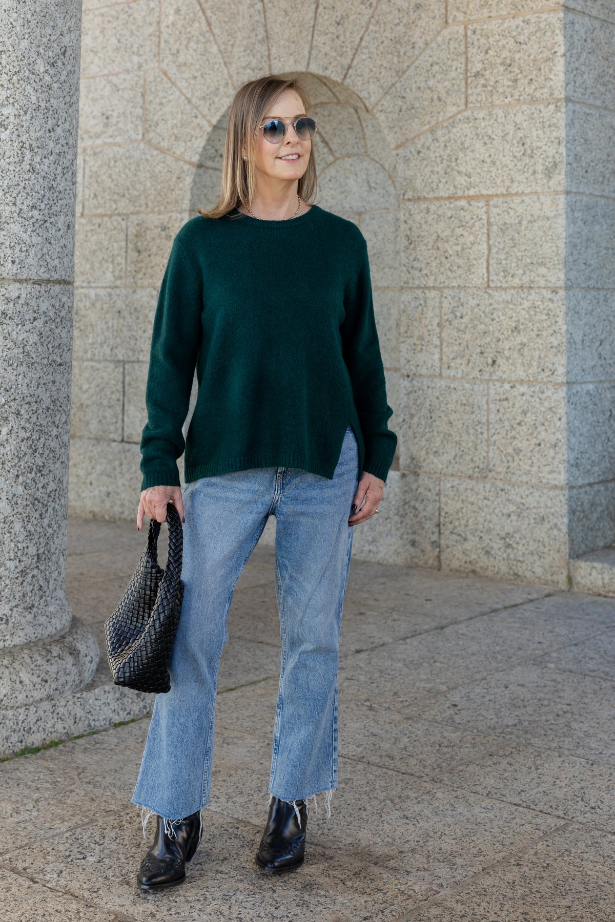 Pamplona - Crew Neck With Side Slit, Bottle Green