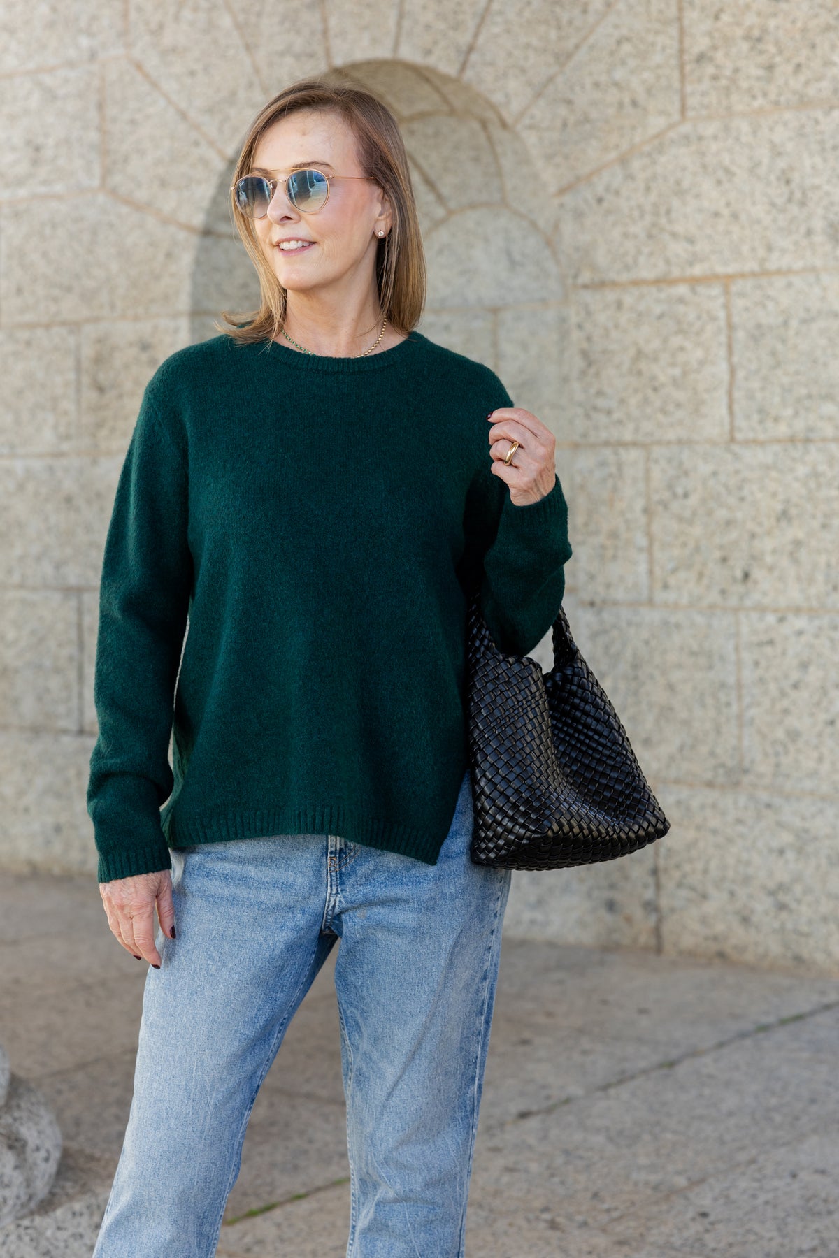 Pamplona - Crew Neck With Side Slit, Bottle Green