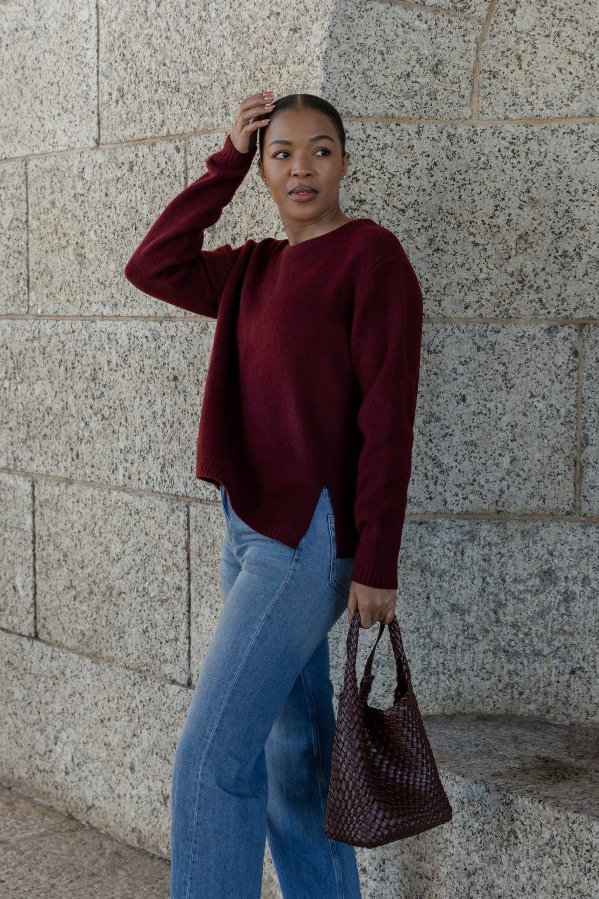 Pamplona - Crew Neck With Side Slit, Bordeaux