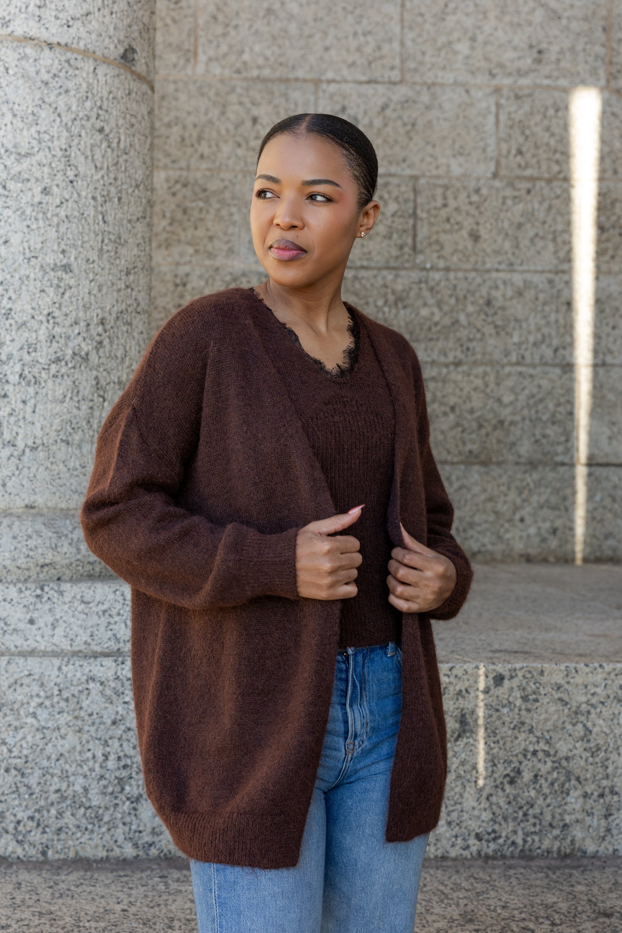 Nieve - Twin set, Lace Edge Cami & Cardi, Choc