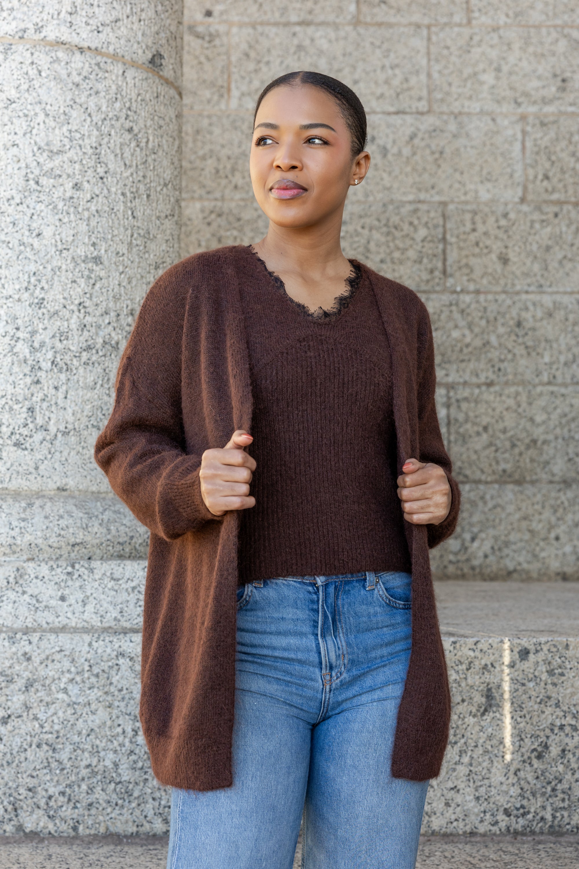 Nieve - Twin set, Lace Edge Cami & Cardi, Choc