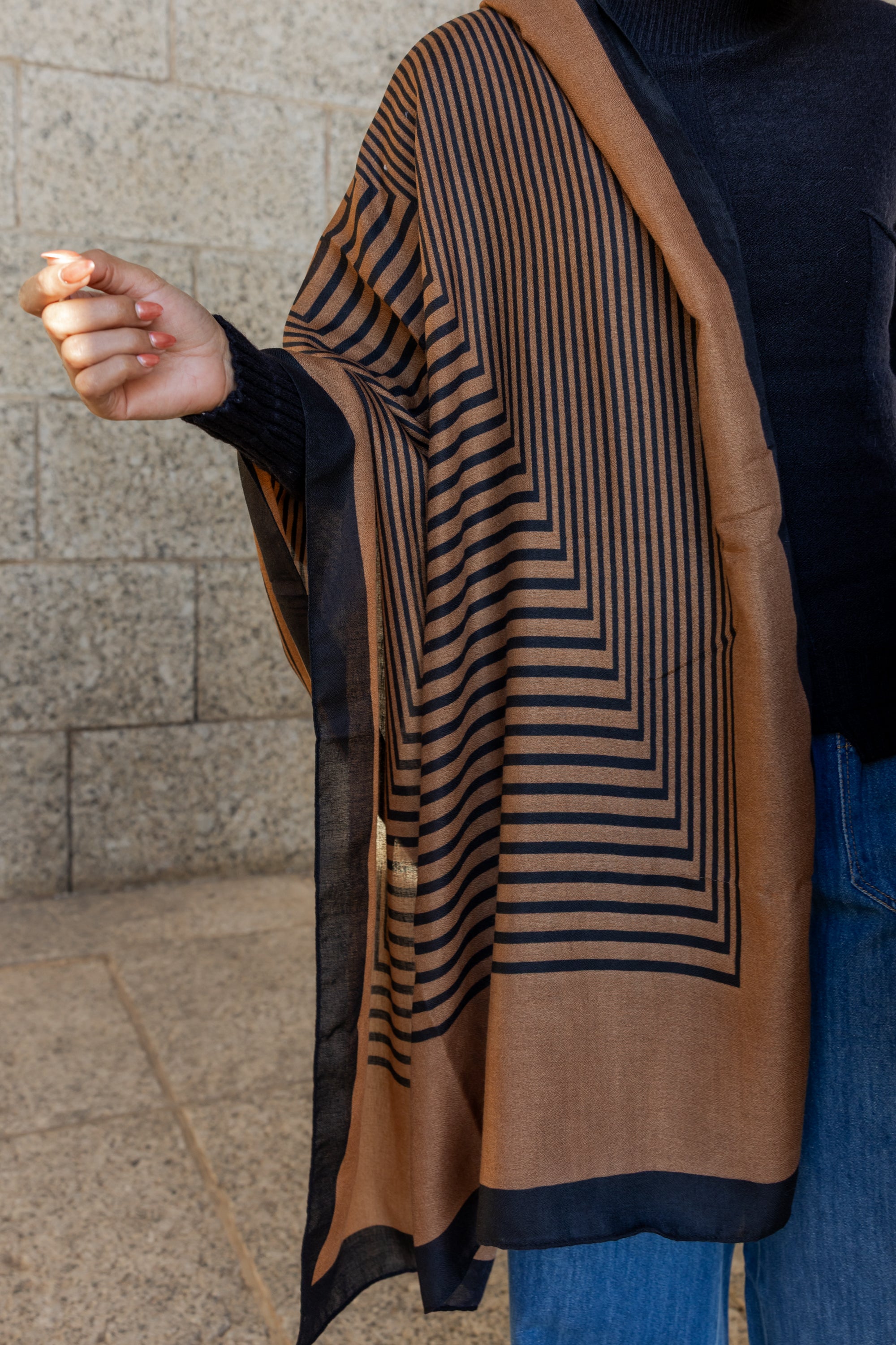 Printed Scarf - Tan & Black Geo