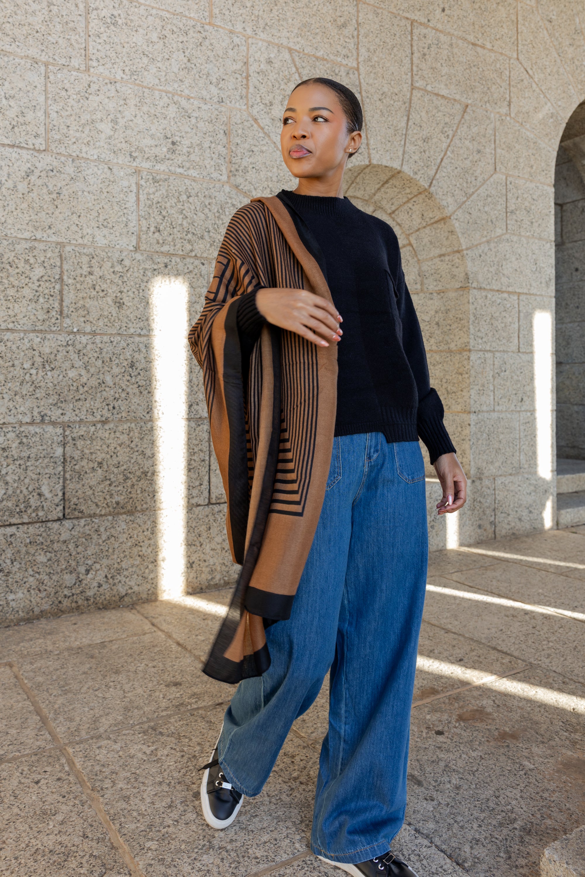 Printed Scarf - Tan & Black Geo