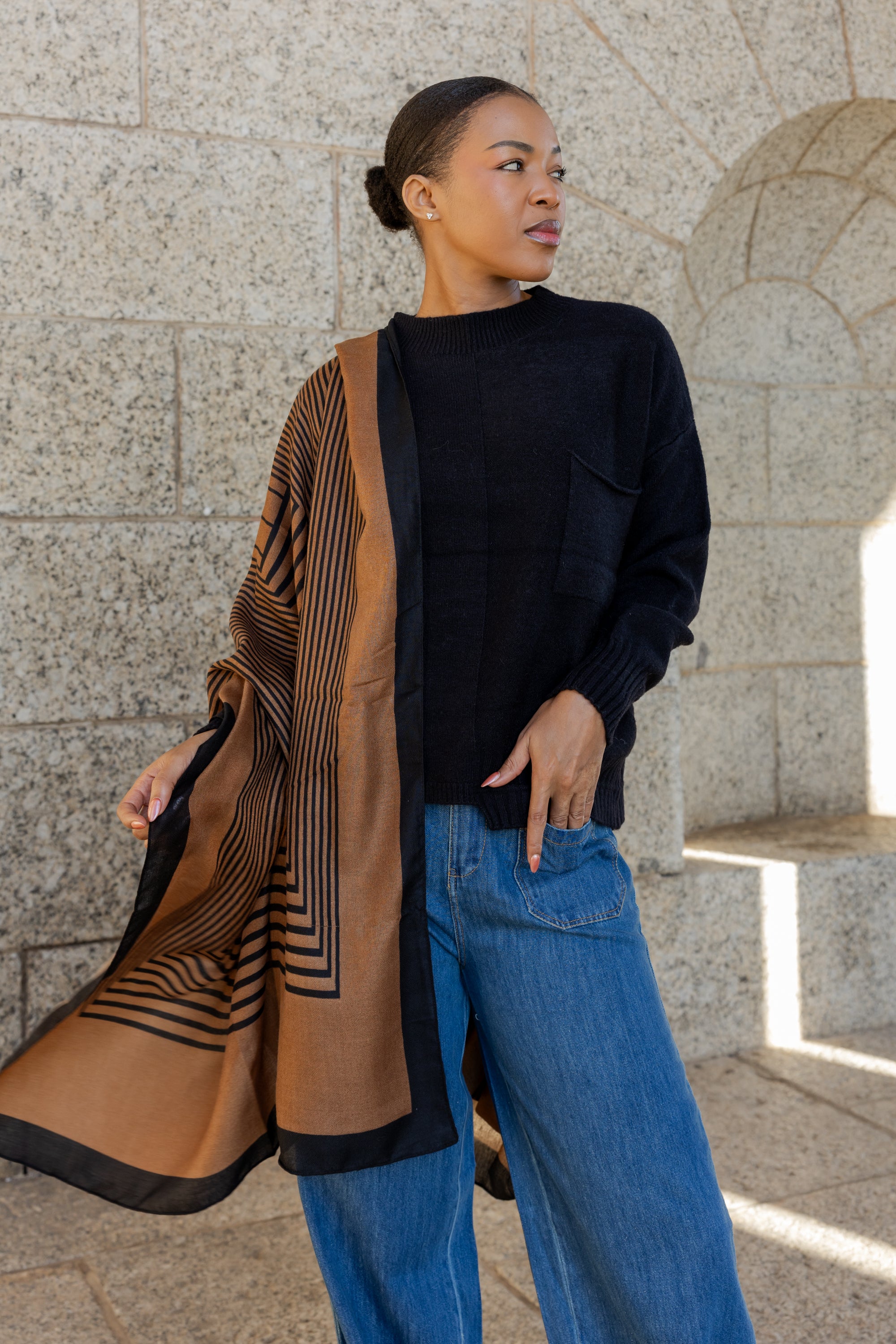 Printed Scarf - Tan & Black Geo