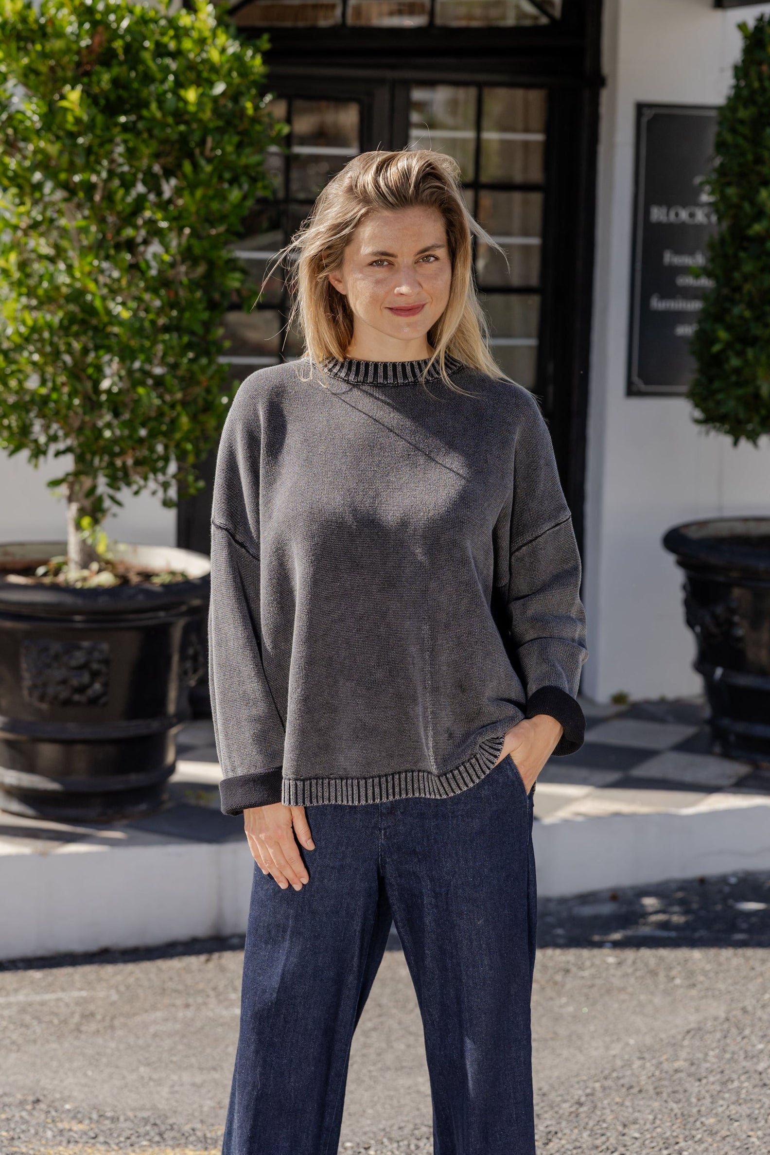 Tivoli - Distressed Cotton Crew Neck, Charcoal
