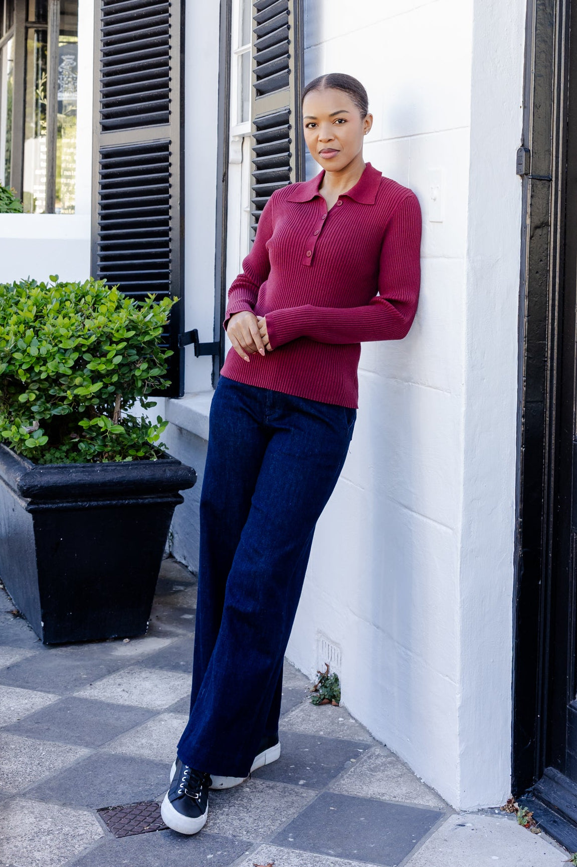 Fontana - Rib Button Collar Knit, Deep Red