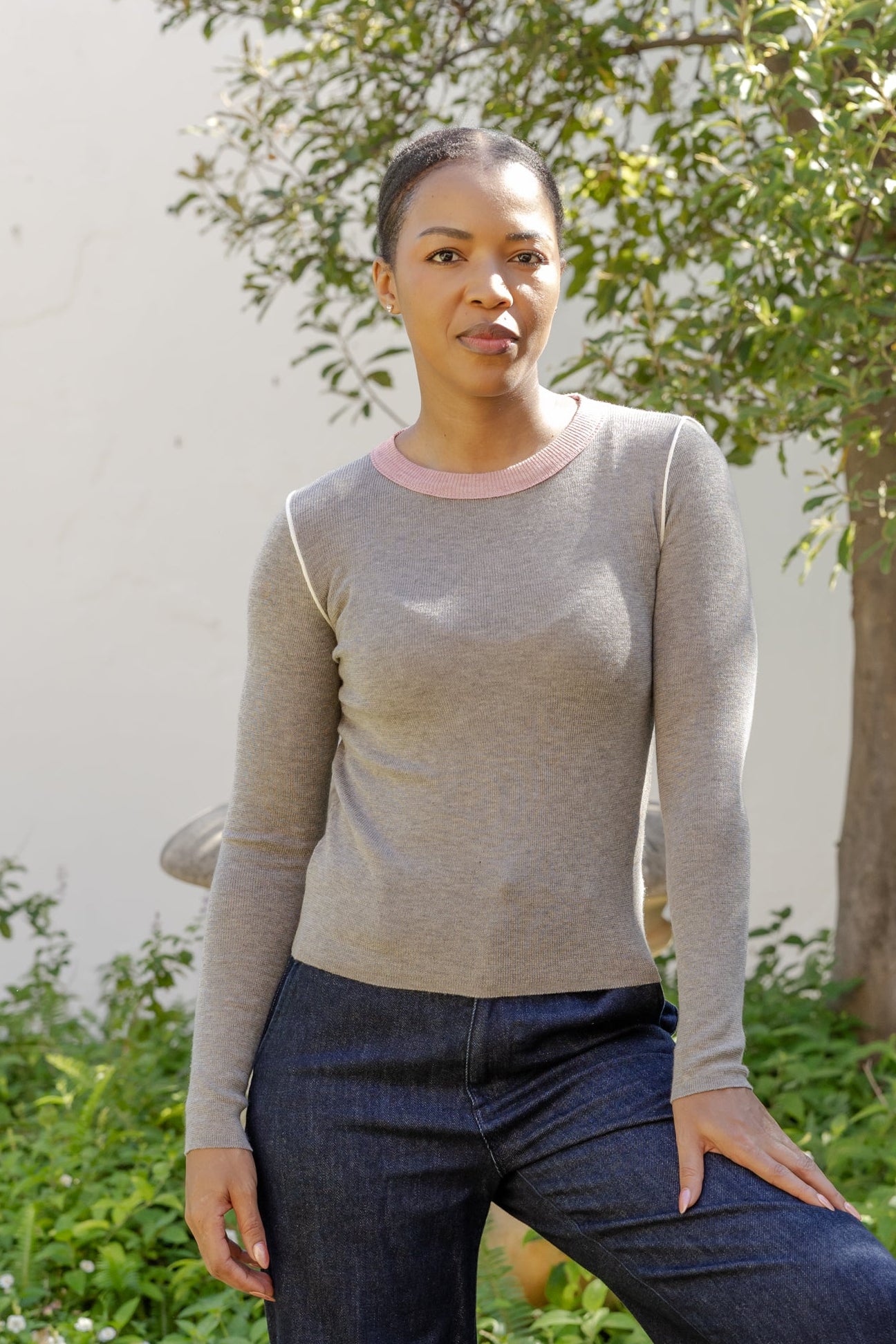 Rocklin - Fitted Sheer knit with Contrast, Stone