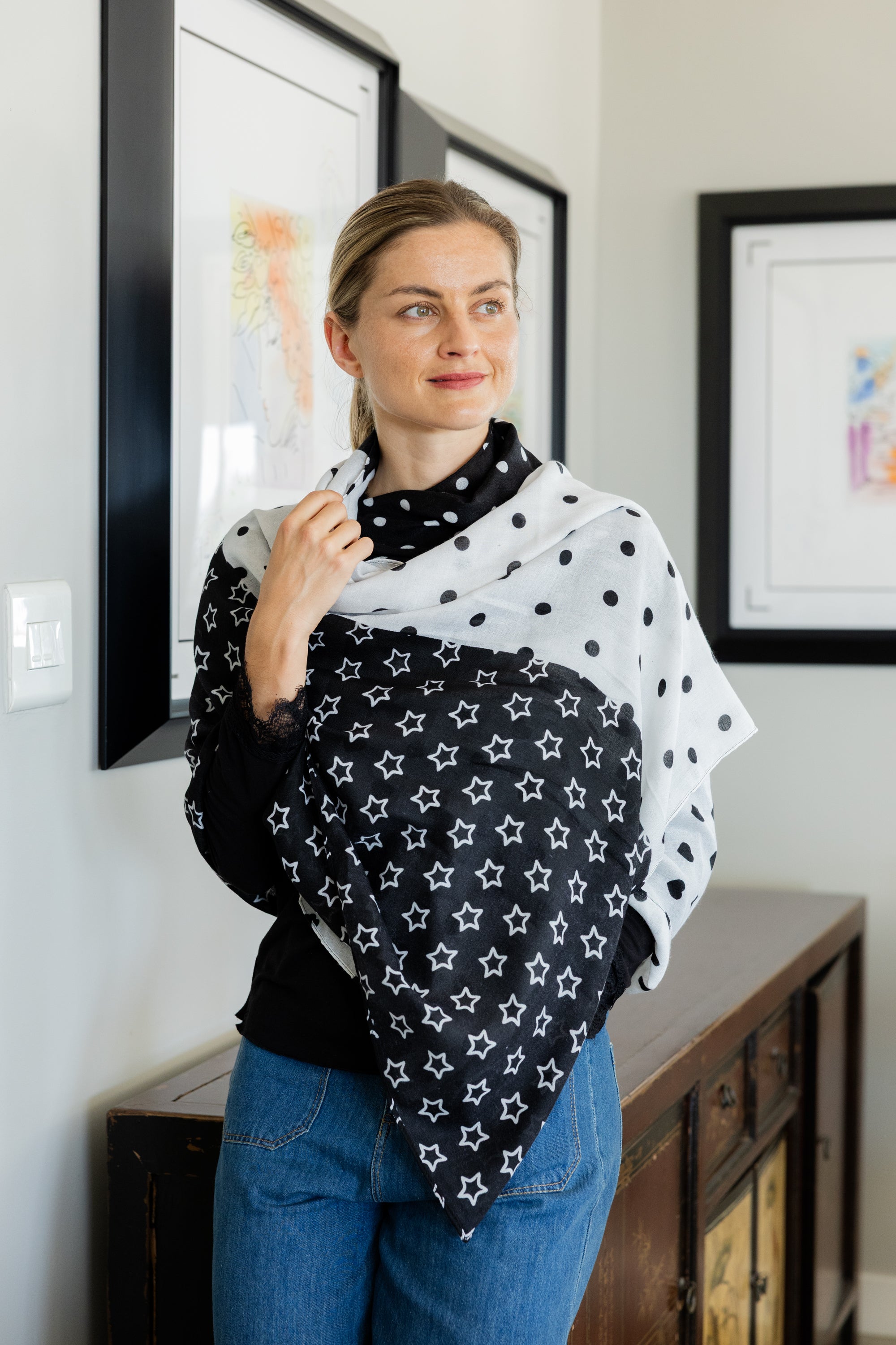 Printed Scarf - Black & White Hearts & Stars