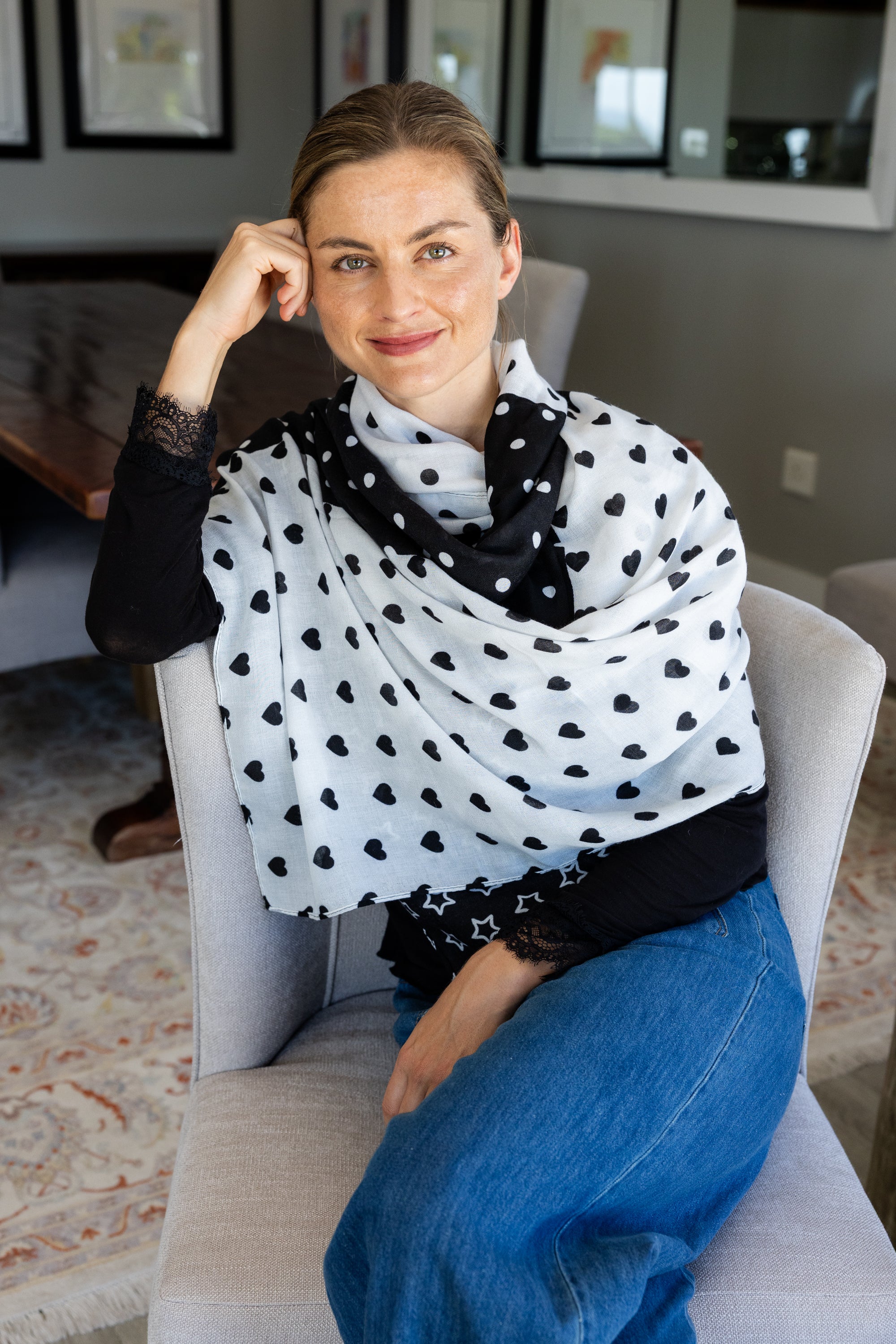 Printed Scarf - Black & White Hearts & Stars