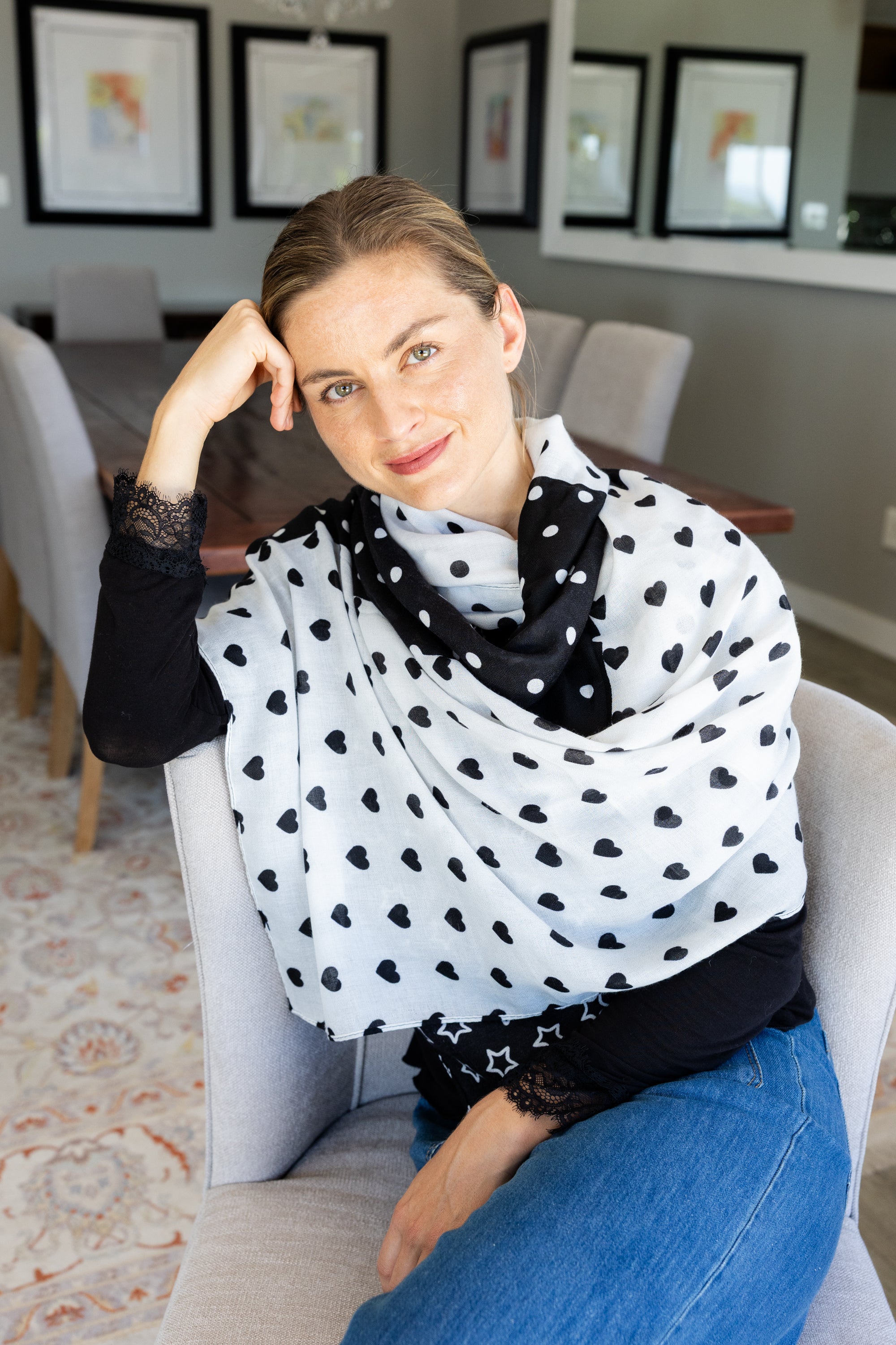 Printed Scarf - Black & White Hearts & Stars