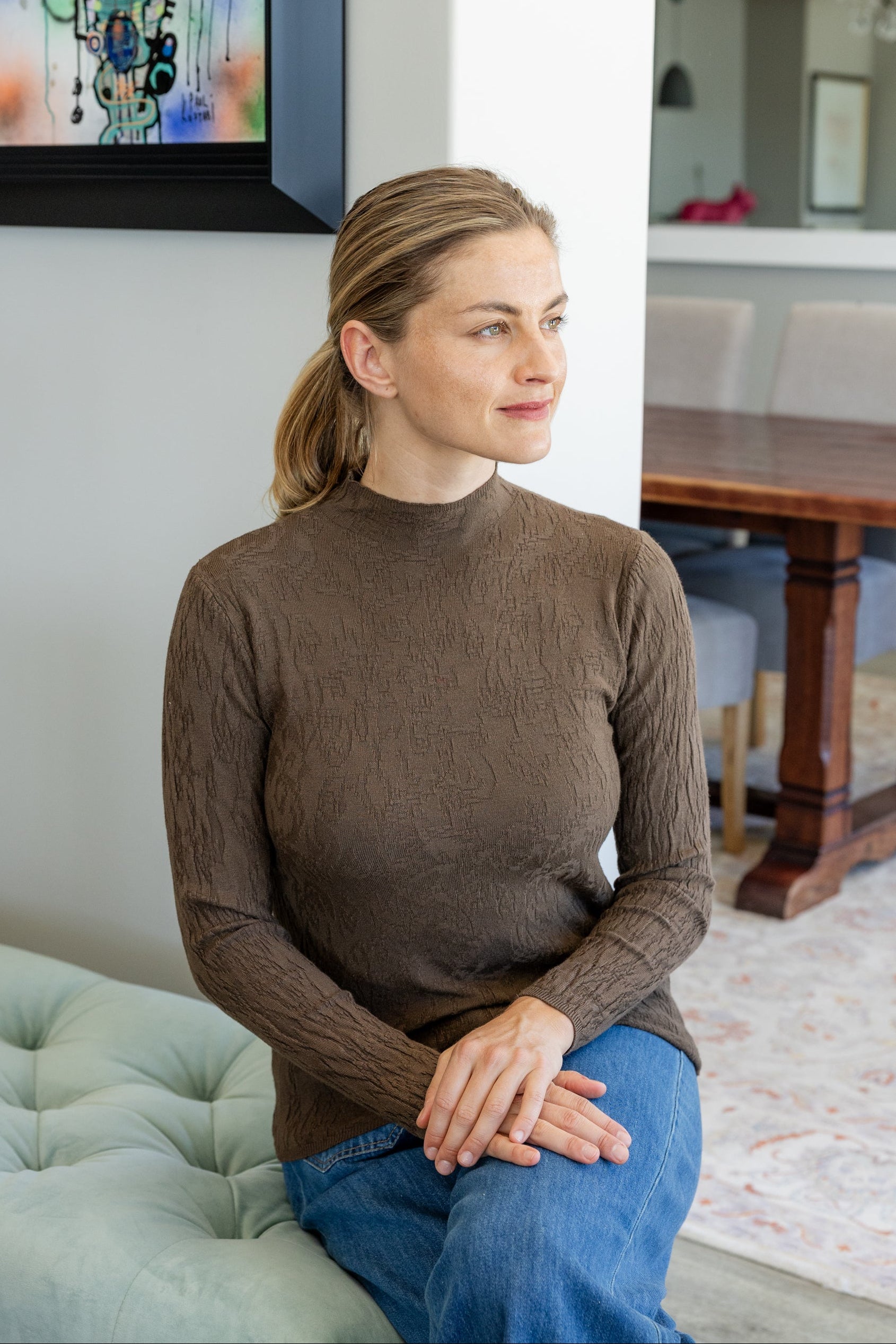 Turin - Embossed Fitted Funnel Neck, Choc