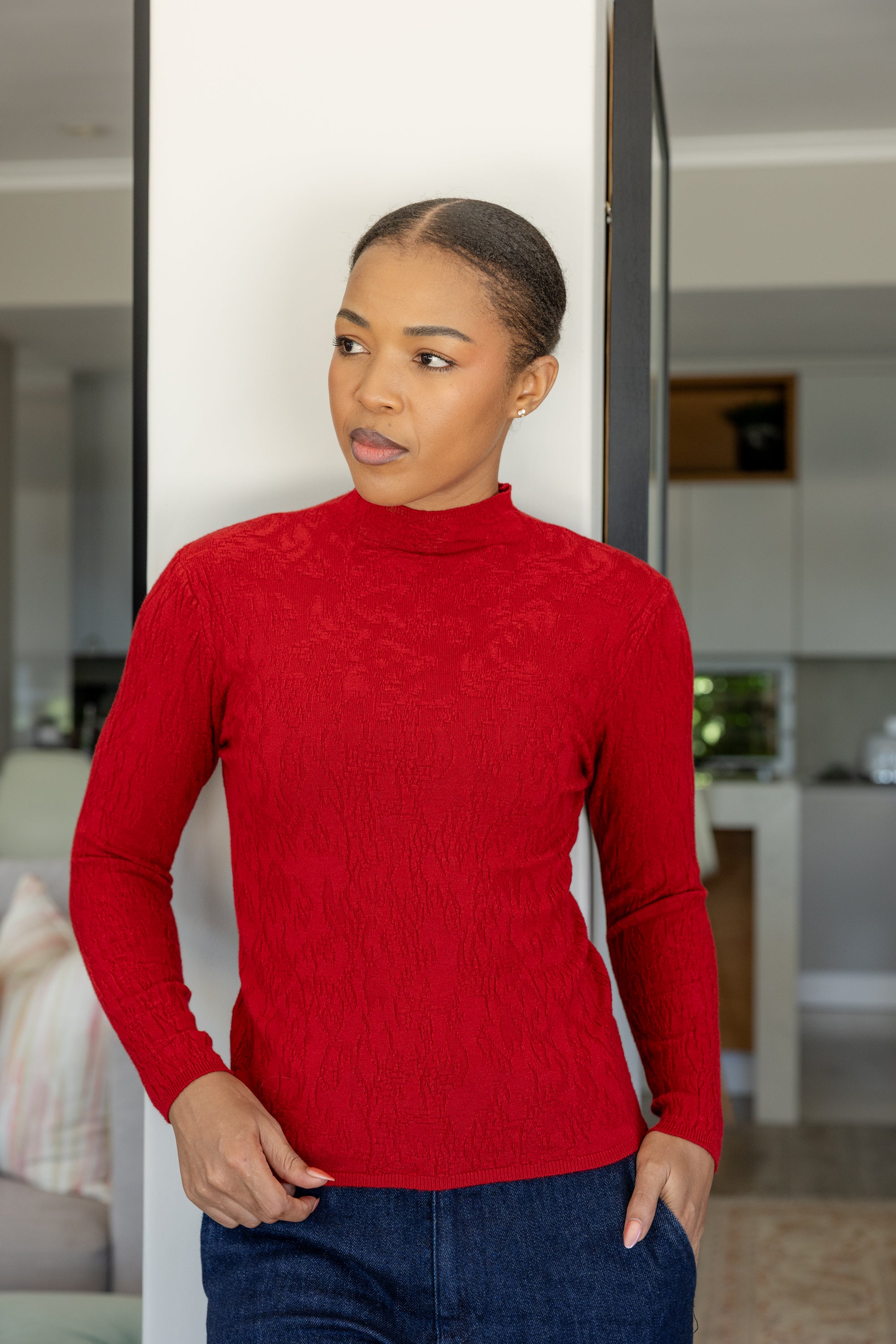 Turin - Embossed Fitted Funnel Neck, Cherry Red