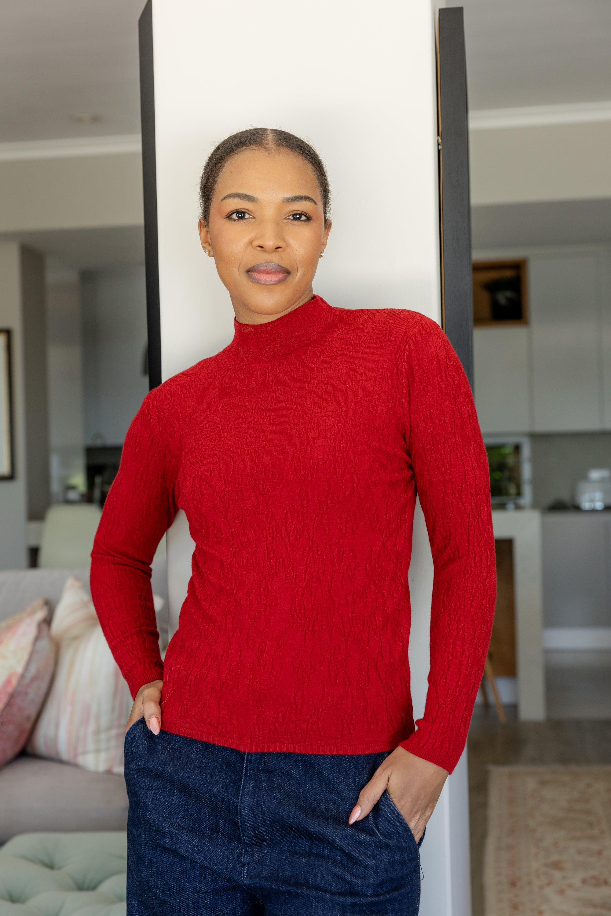 Turin - Embossed Fitted Funnel Neck, Cherry Red