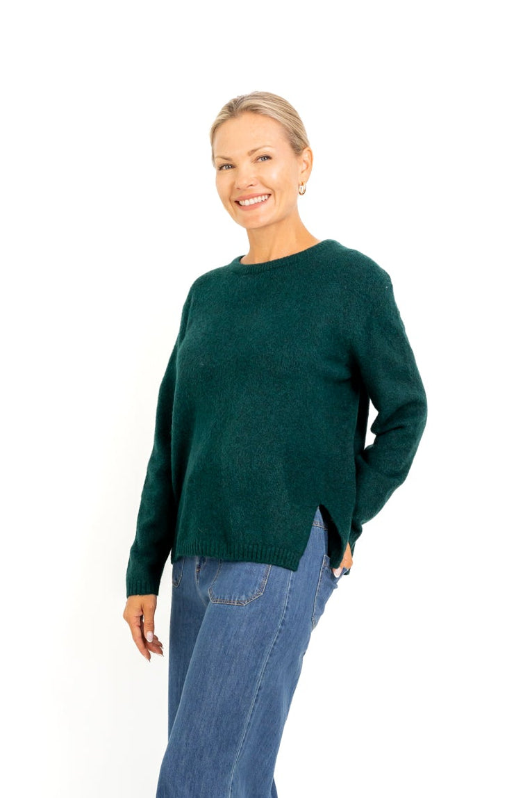 Pamplona - Crew Neck With Side Slit, Bottle Green