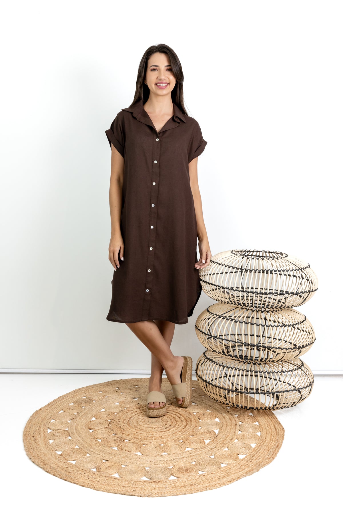 Libby- Mock Button Through Dress, Chocolate