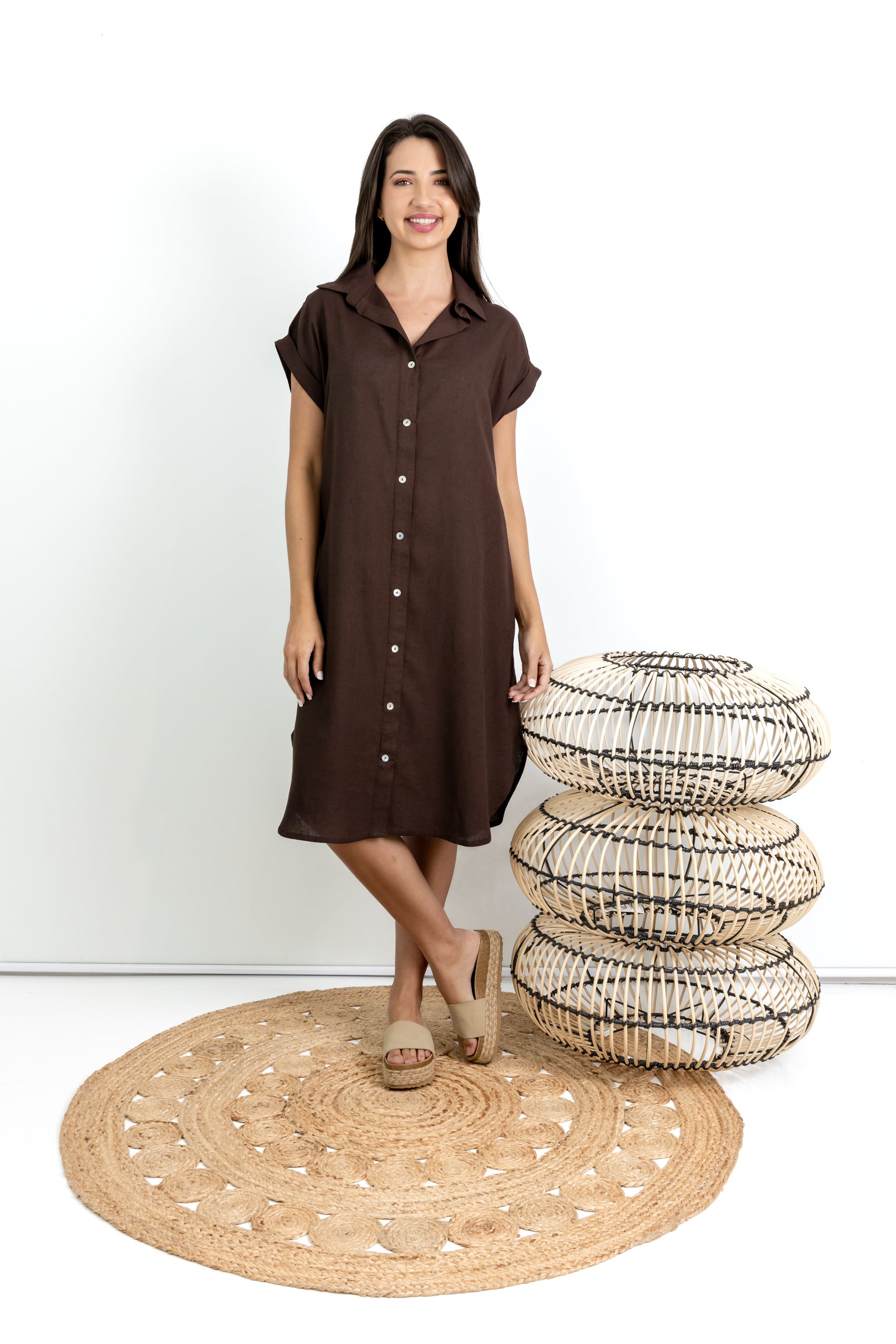 Libby- Mock Button Through Dress, Chocolate