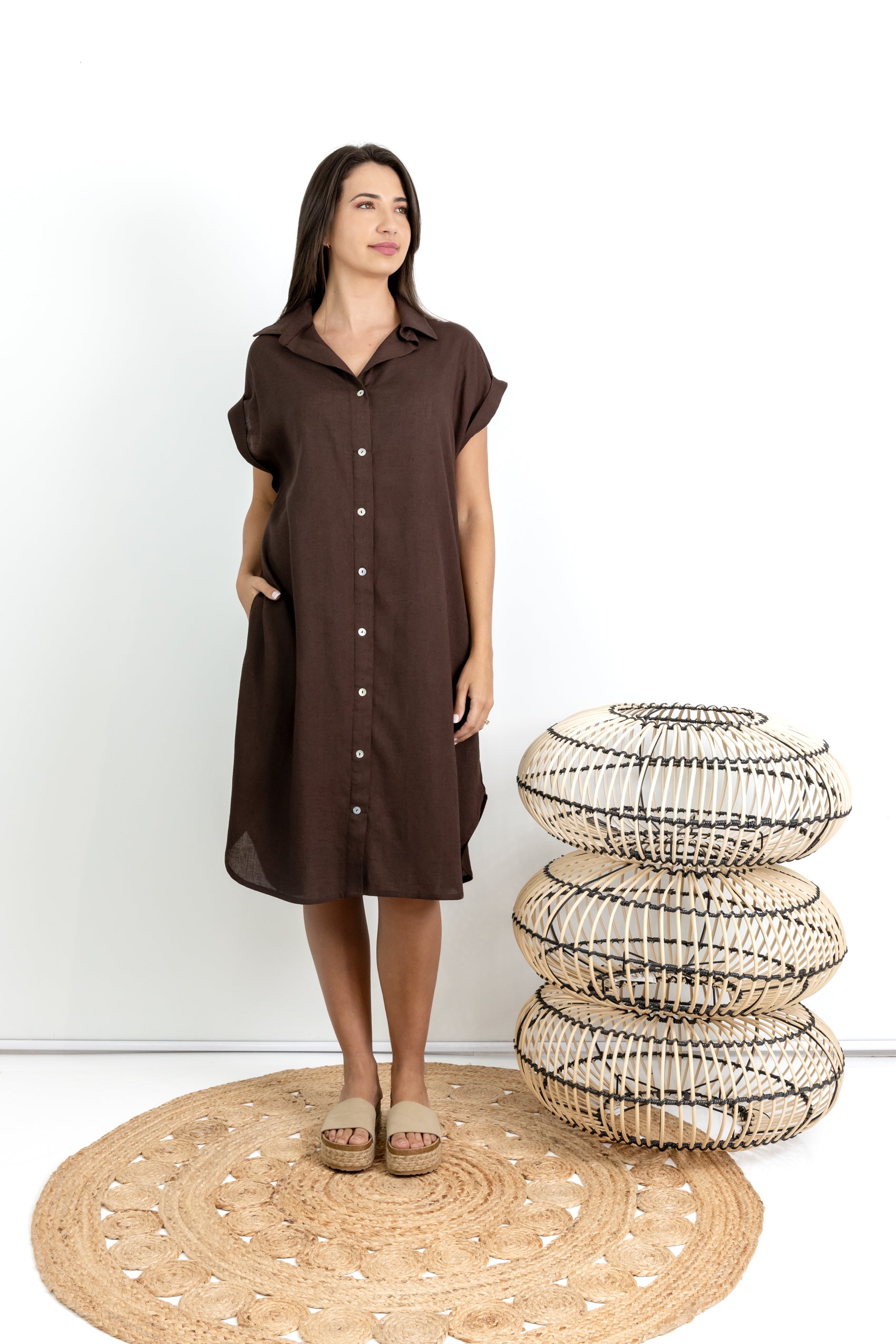 Libby- Mock Button Through Dress, Chocolate