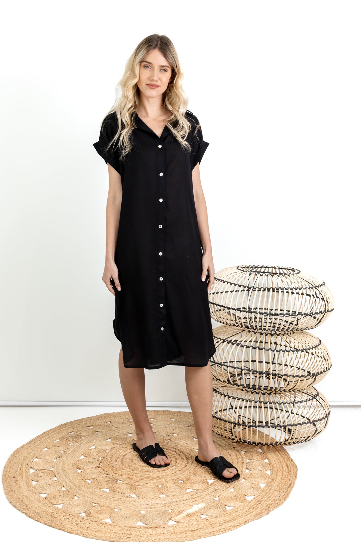 Libby- Mock Button Through Dress, Black