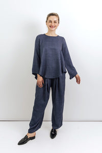 Tyra - Relaxed Pant with Inverted Pleats, Denim Blue Stripe