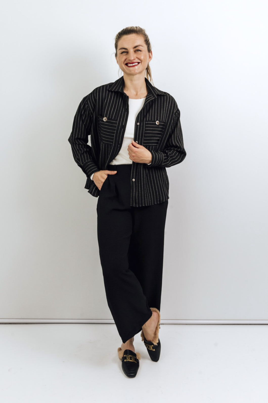 Robyn - Shacket styled Shirt, Black and White Stripe