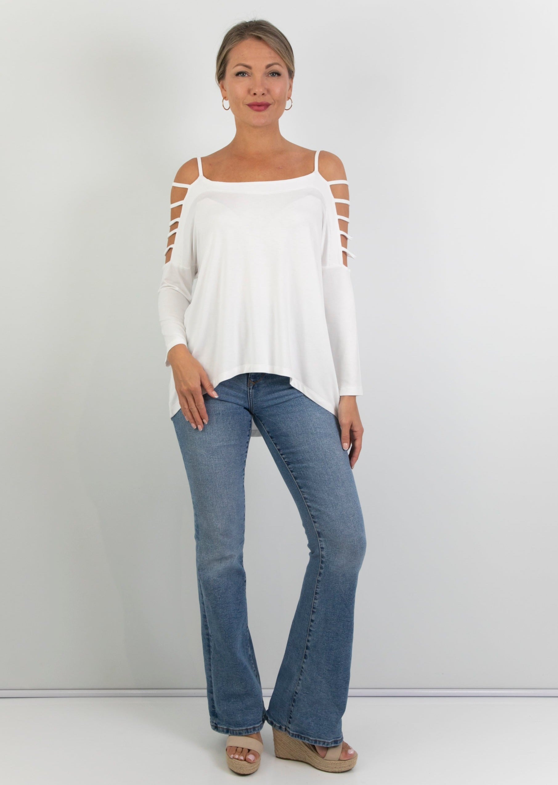 Freda - Multi Slat Sleeve Tee, White