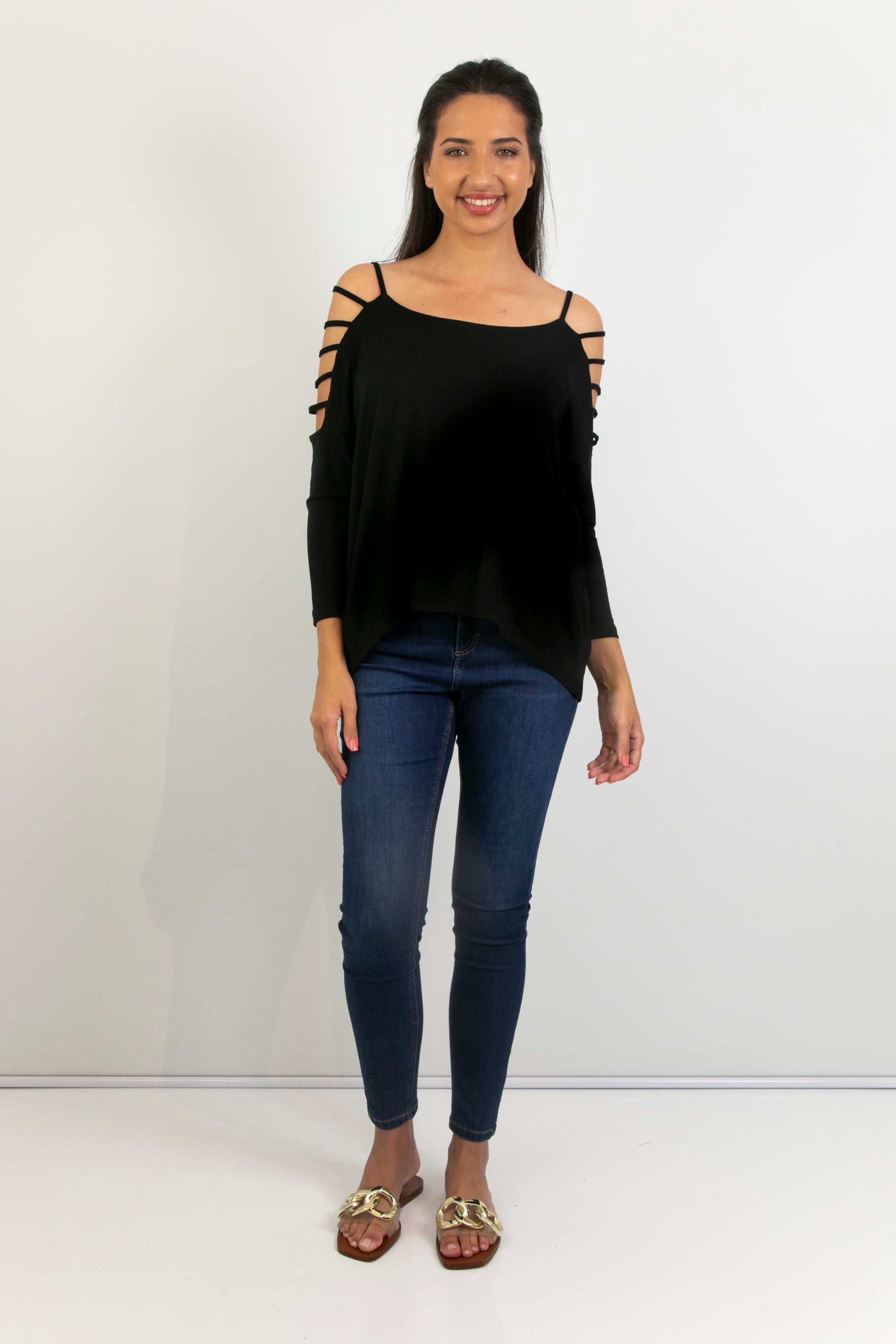 Freda - Multi Slat Sleeve Tee, Black