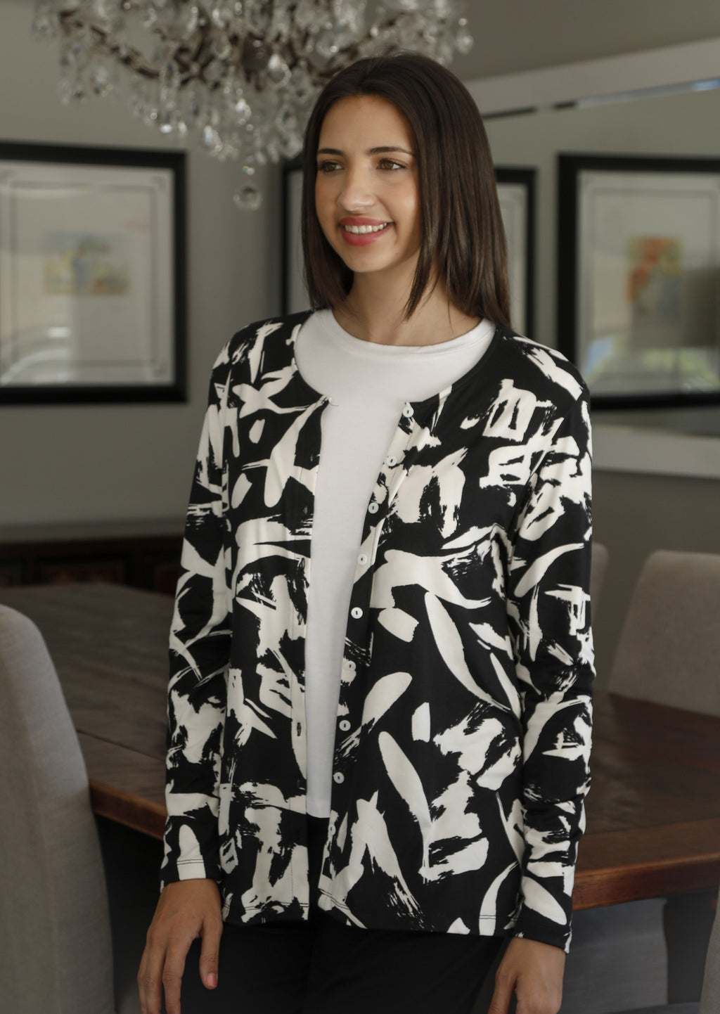 Anna- Button Through Cardi, Black & White Graffiti