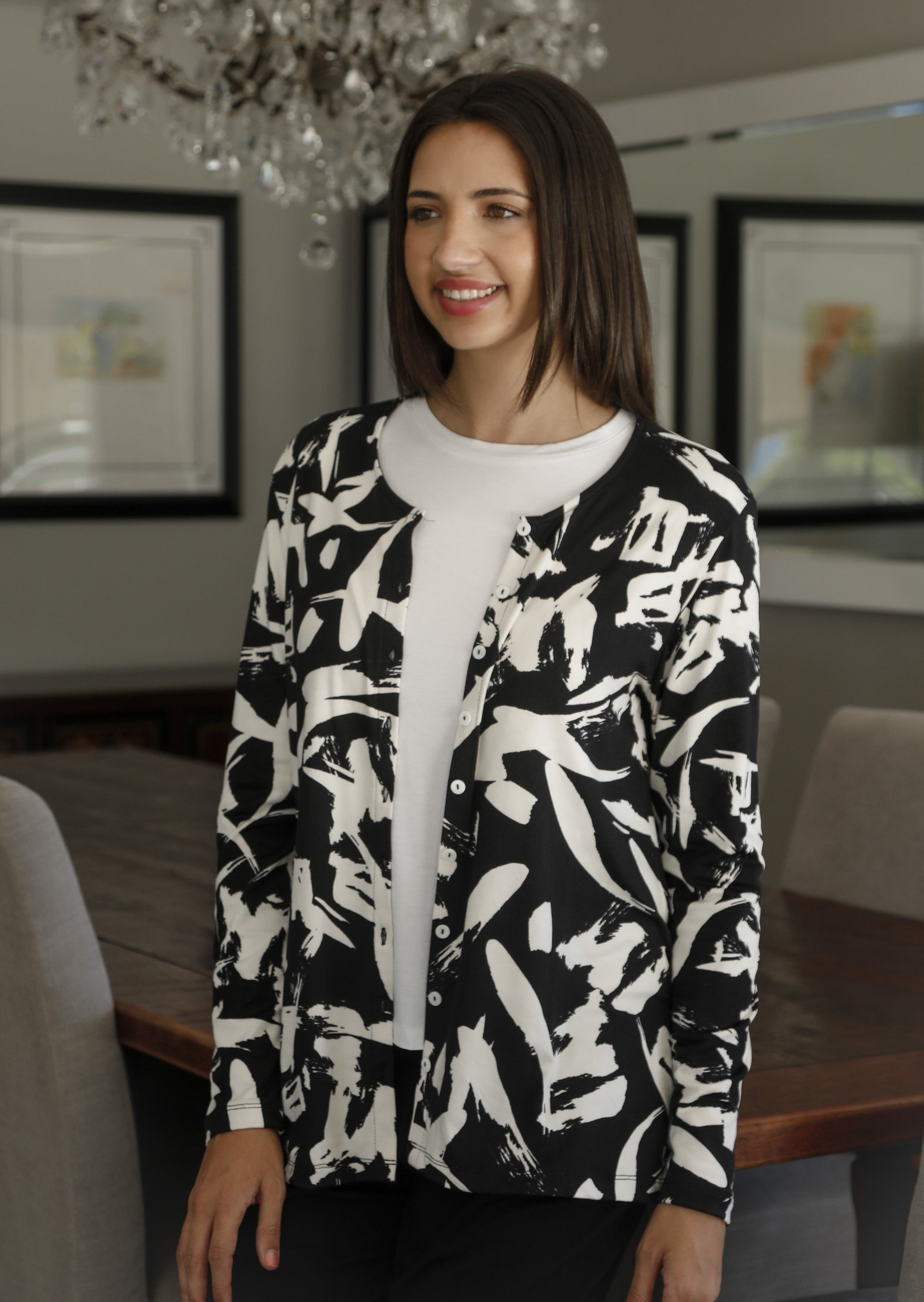 Anna- Button Through Cardi, Black & White Graffiti