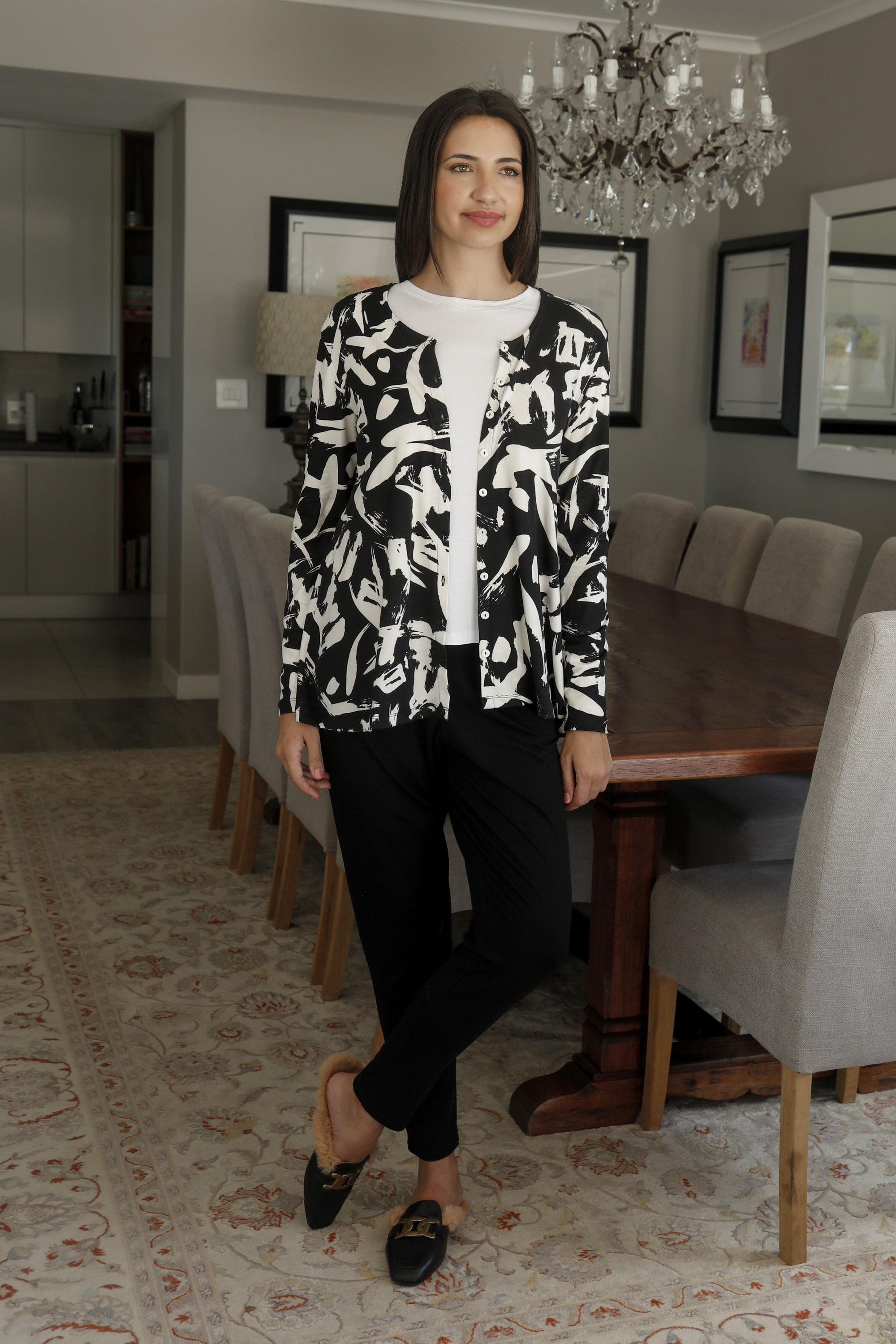 Anna- Button Through Cardi, Black & White Graffiti