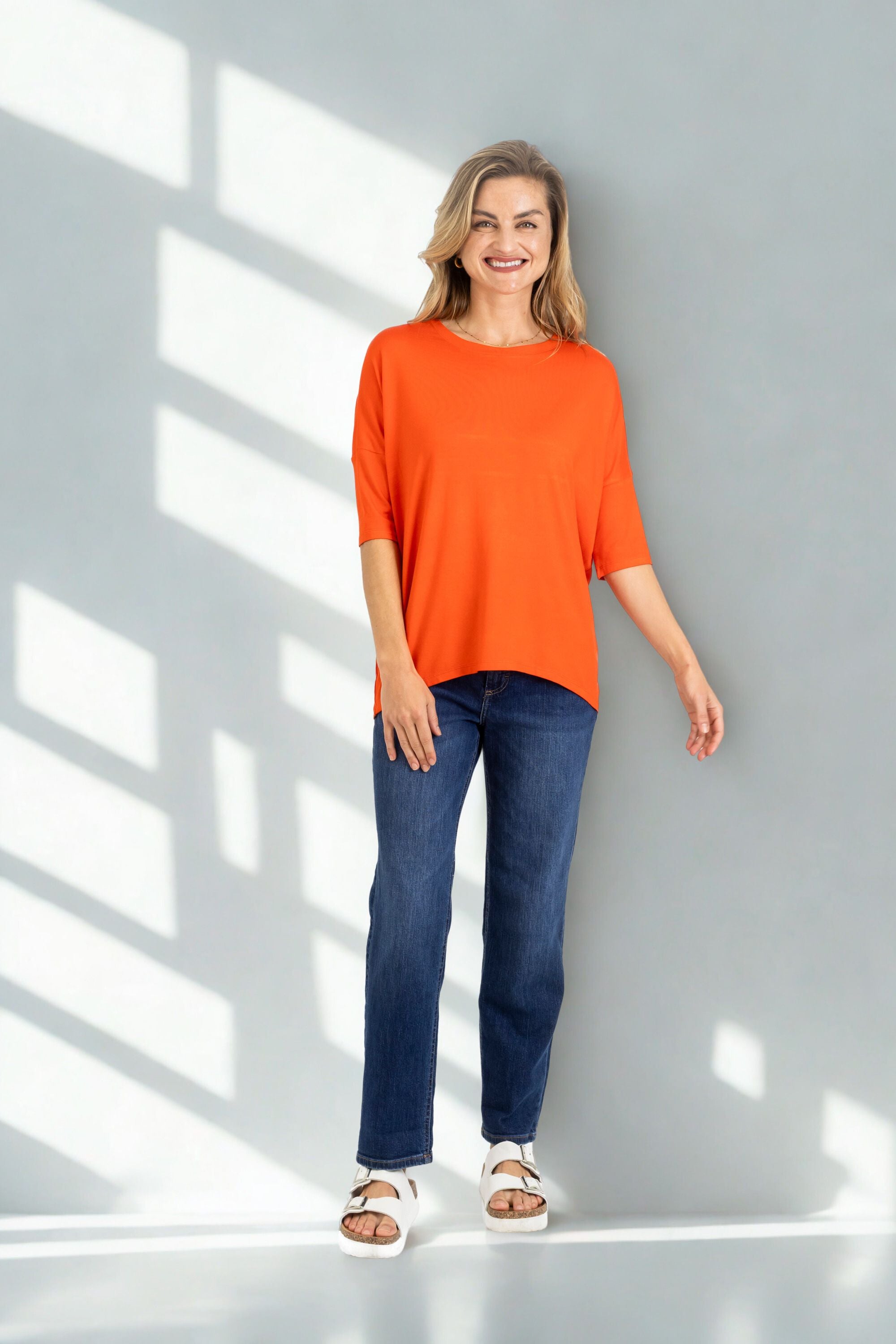 Chloe - Classic Long Line Tee with Back Seam, Tangerine