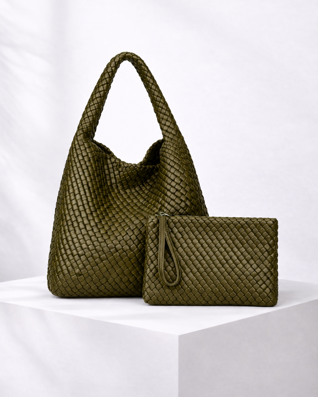 Jourdan - Plaited Vegan Bag with Matching Purse, Khaki
