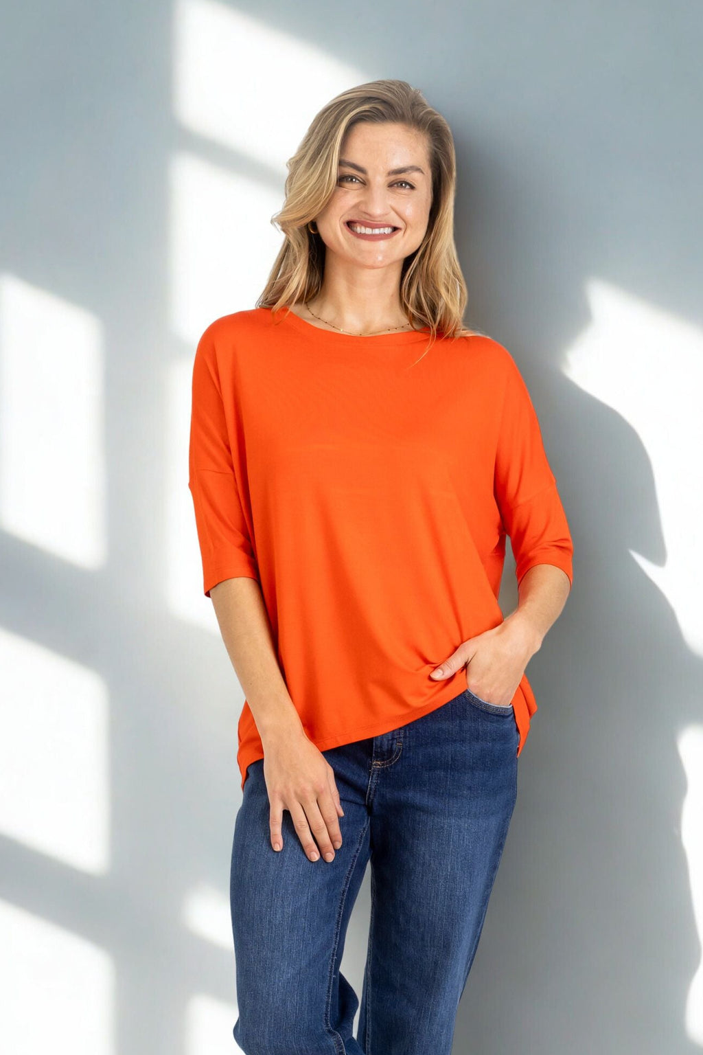 Chloe - Classic Long Line Tee with Back Seam, Tangerine