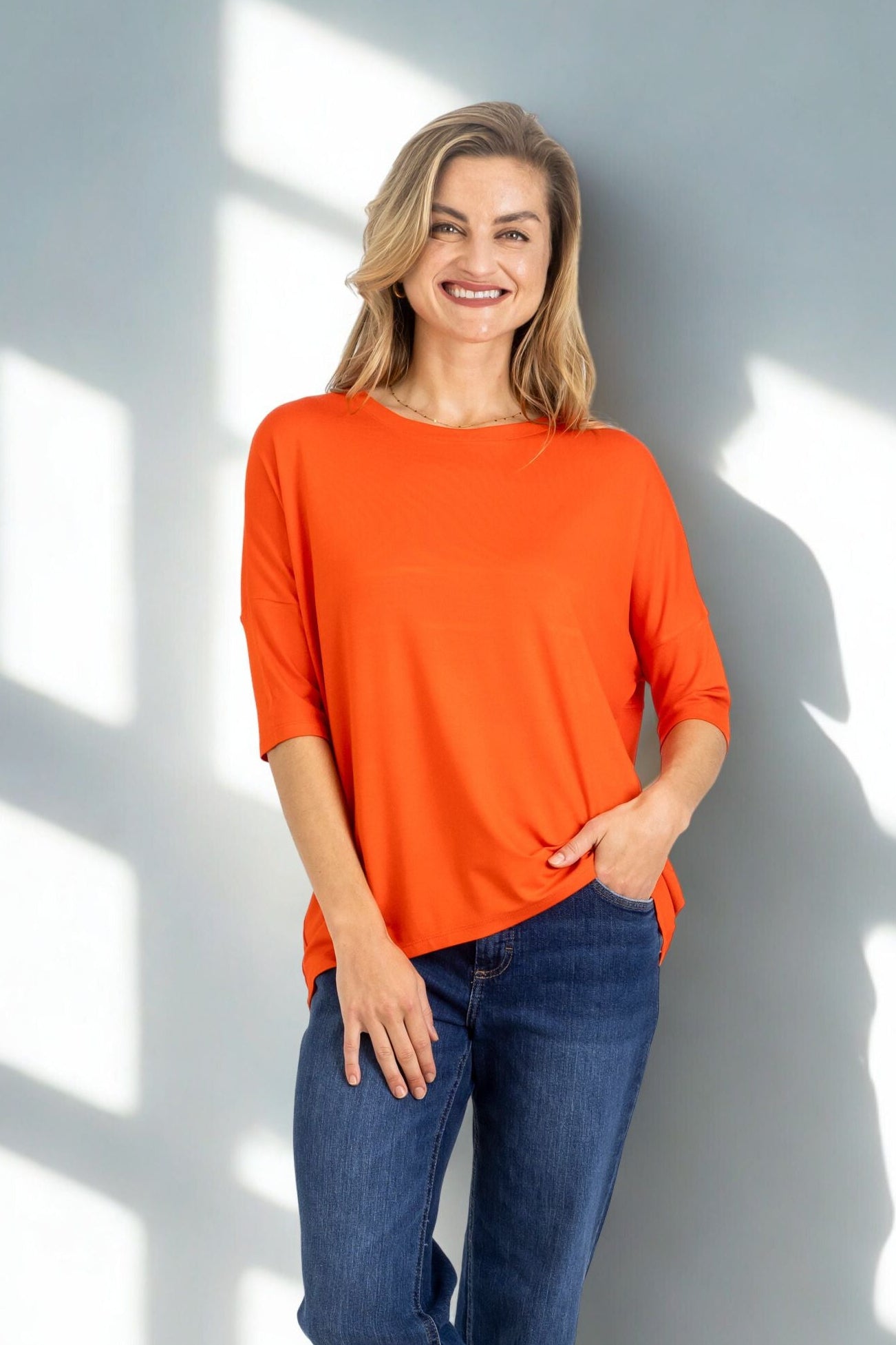 Chloe - Classic Long Line Tee with Back Seam, Tangerine