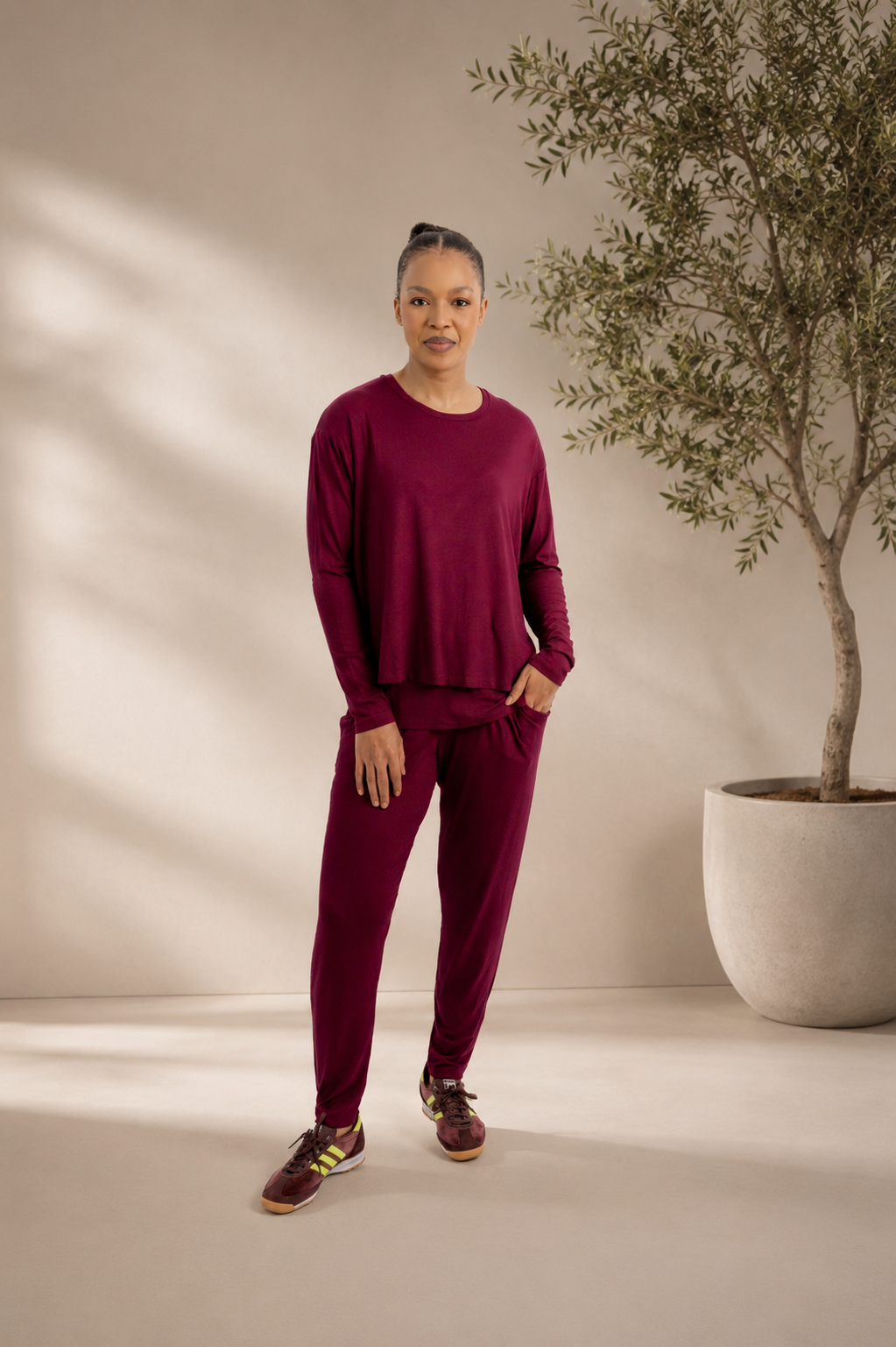 Cathy - Round Neck Tee With Built In Cami Red