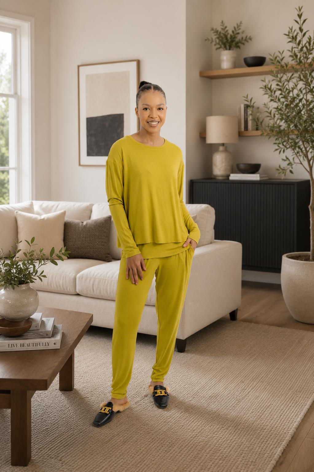 Cathy - Round Neck Tee With Built In Cami Chartruese