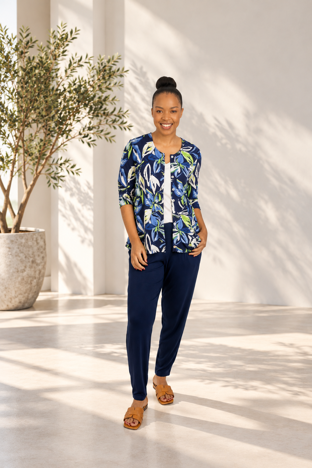 Maria- 3/4 Sleeve Button Cardigan, Midnight Magnolia