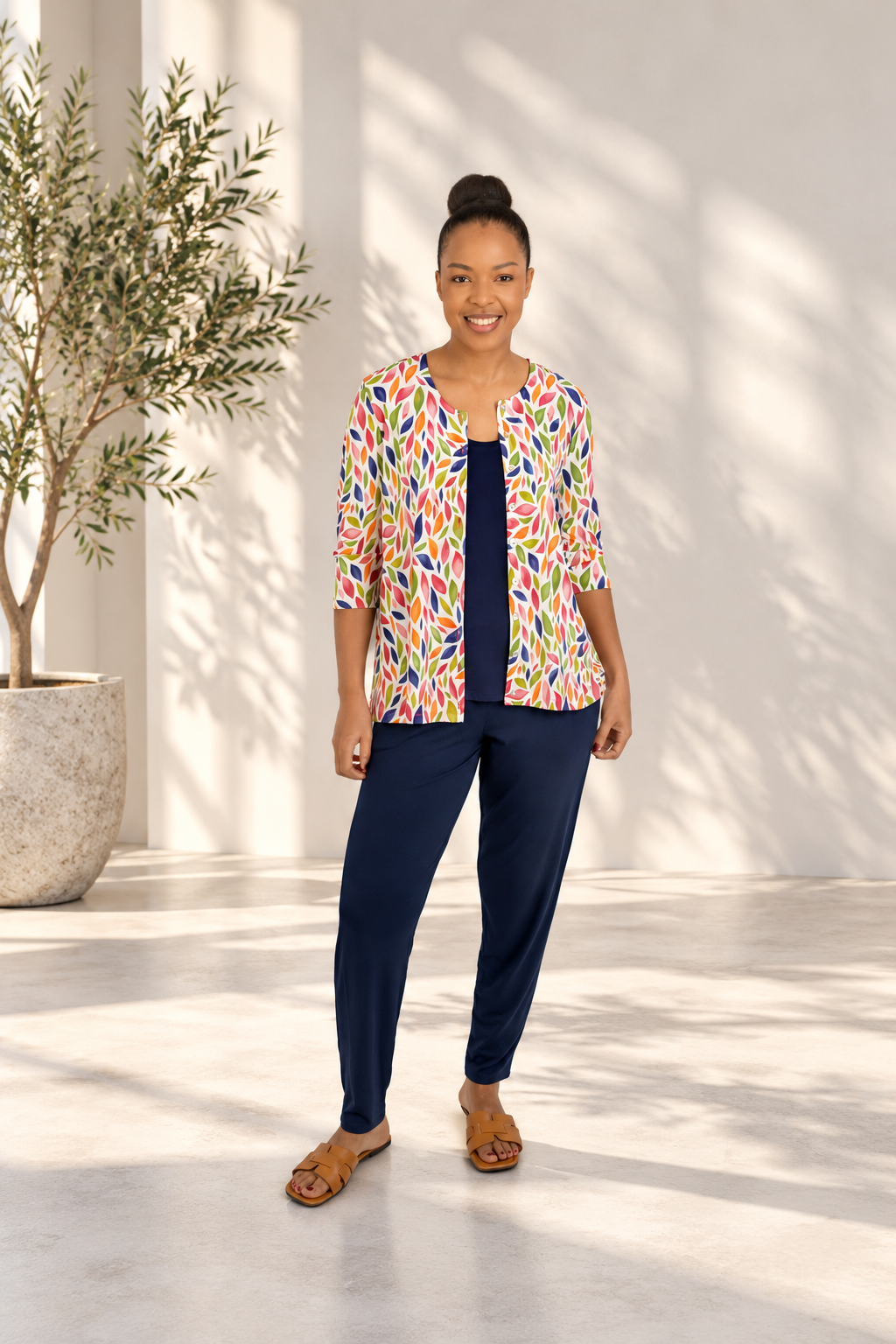 Maria- 3/4 Sleeve Button Cardigan, Summer Leaves