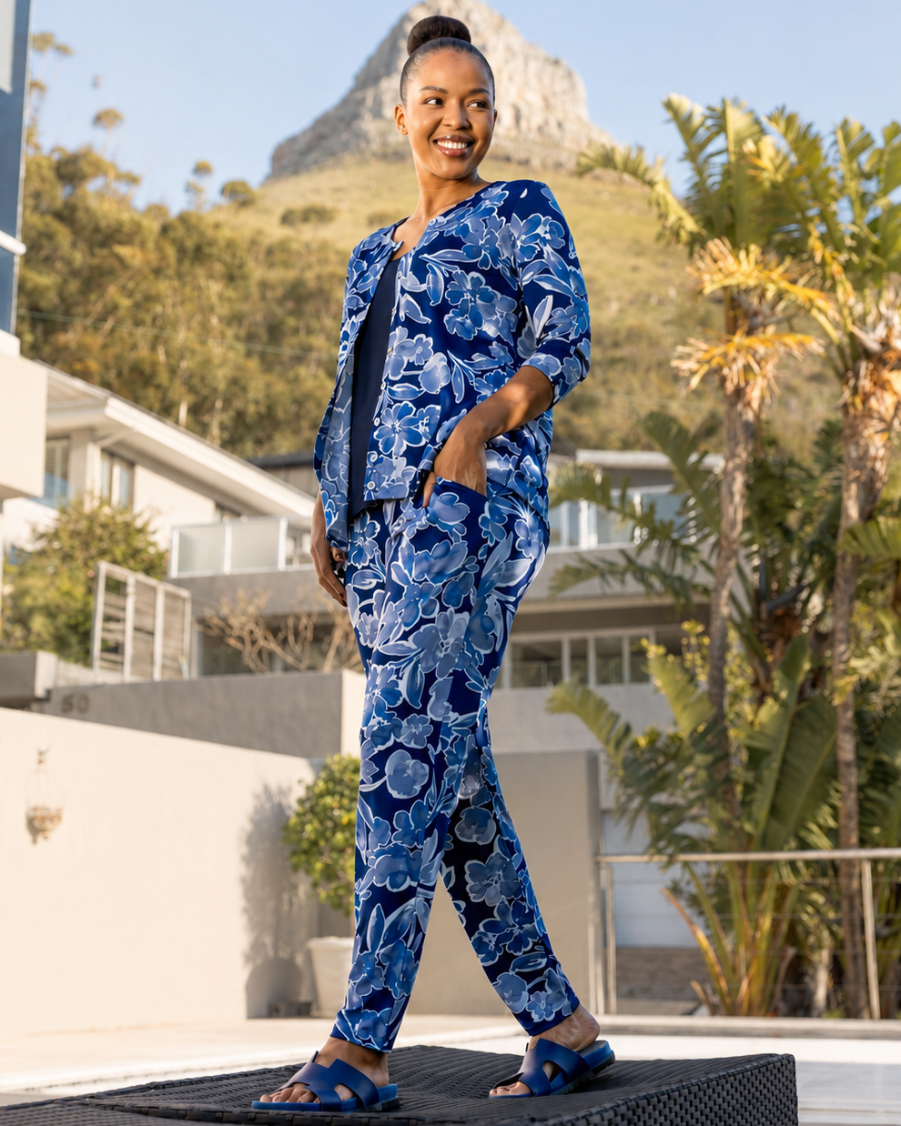 Maria- 3/4 Sleeve Button Cardigan, Blue Ink Blooms
