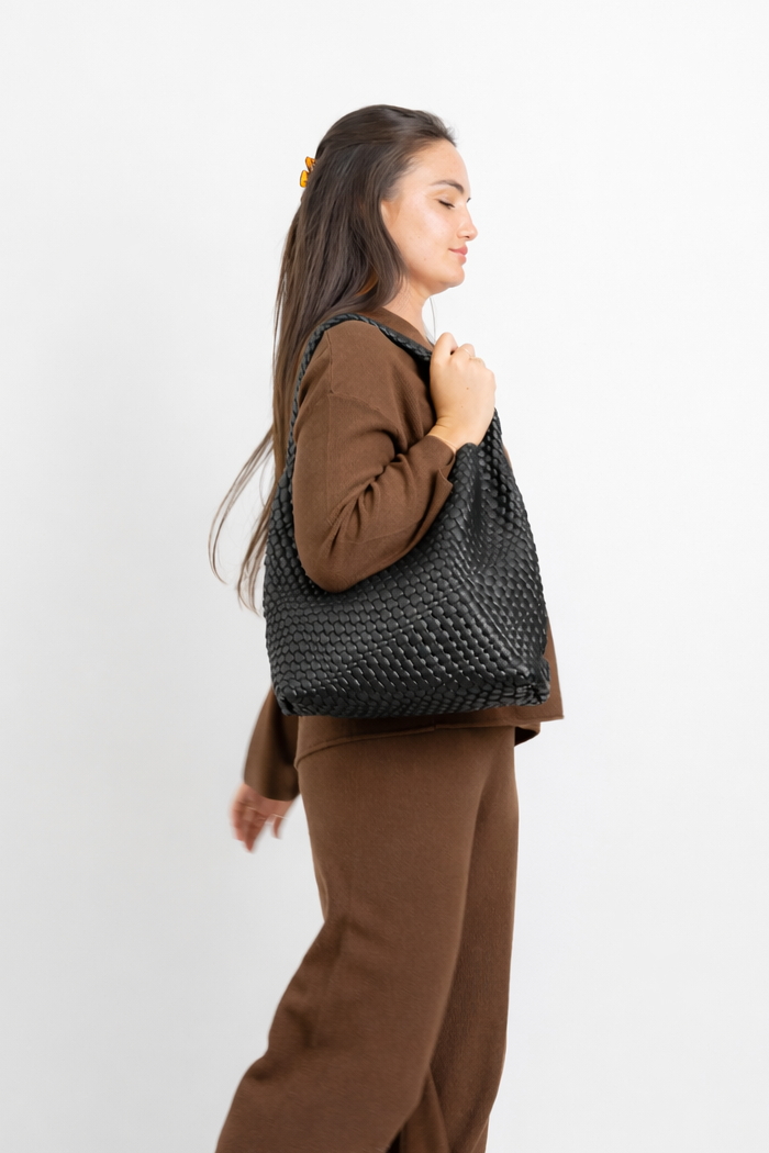 Jourdan - Plaited Vegan Bag with Matching Purse, Black