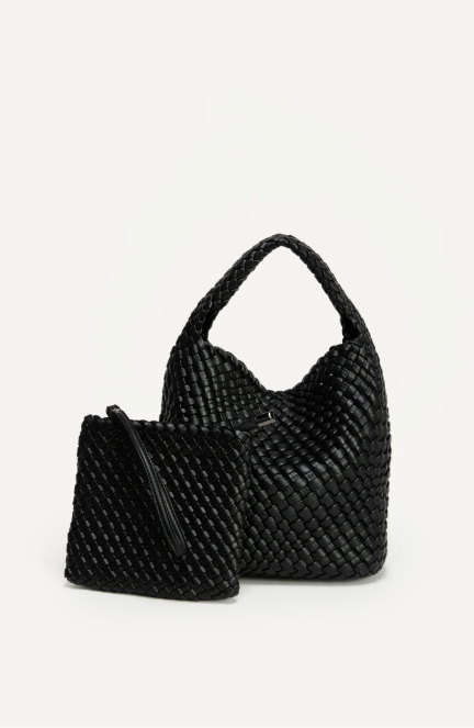 Mia - Plaited Vegan Bag with Matching Purse, Black