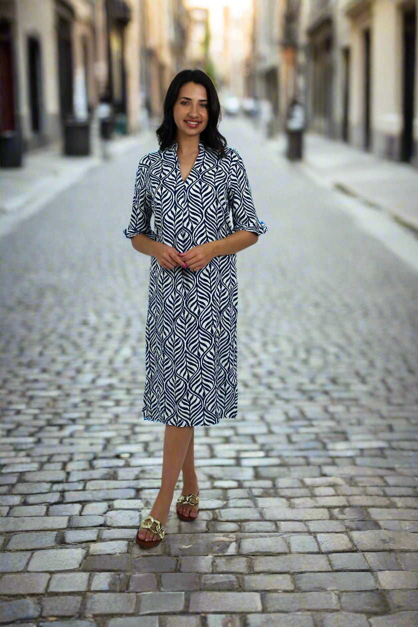 Tana - Mandarin Tunic Dress with Frill Sleeve, Indigo Fern