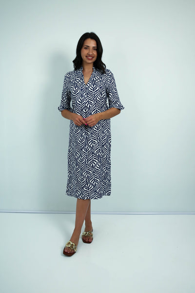 Tana - Mandarin Tunic Dress with Frill Sleeve, Indigo Fern