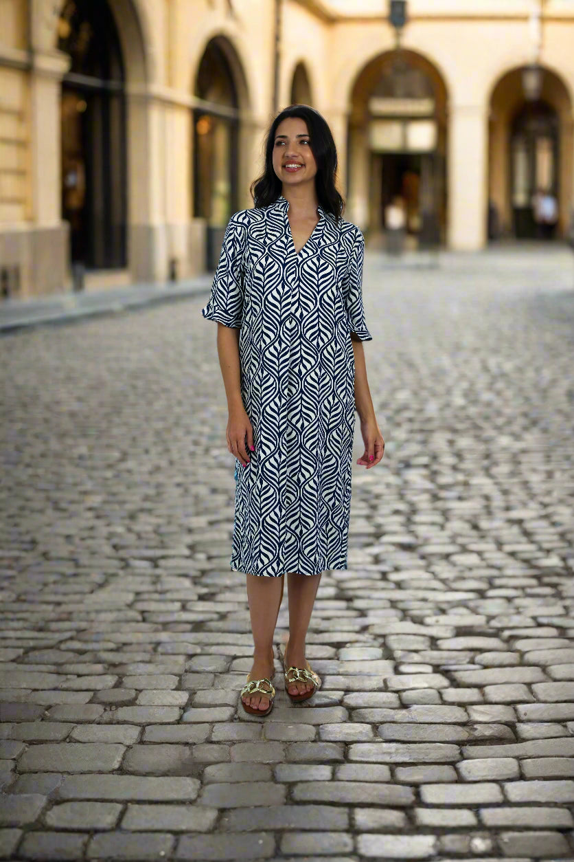 Tana - Mandarin Tunic Dress with Frill Sleeve, Indigo Fern