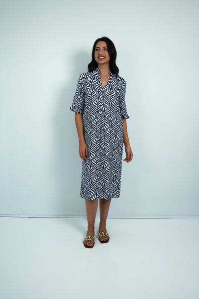 Tana - Mandarin Tunic Dress with Frill Sleeve, Indigo Fern